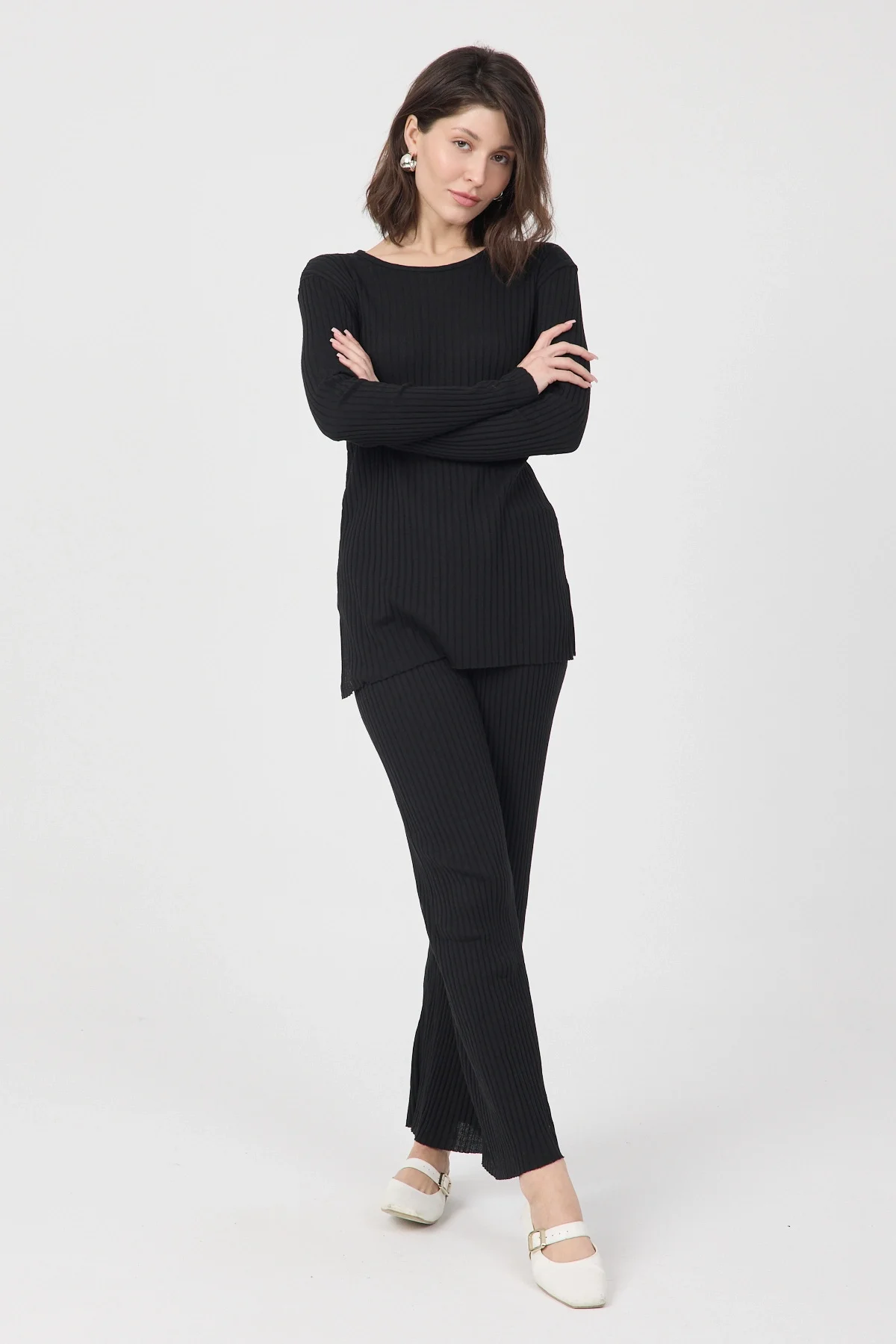 Kadın Mevsimlik Uzun Kollu Fitilli Siyah Pijama Takımı