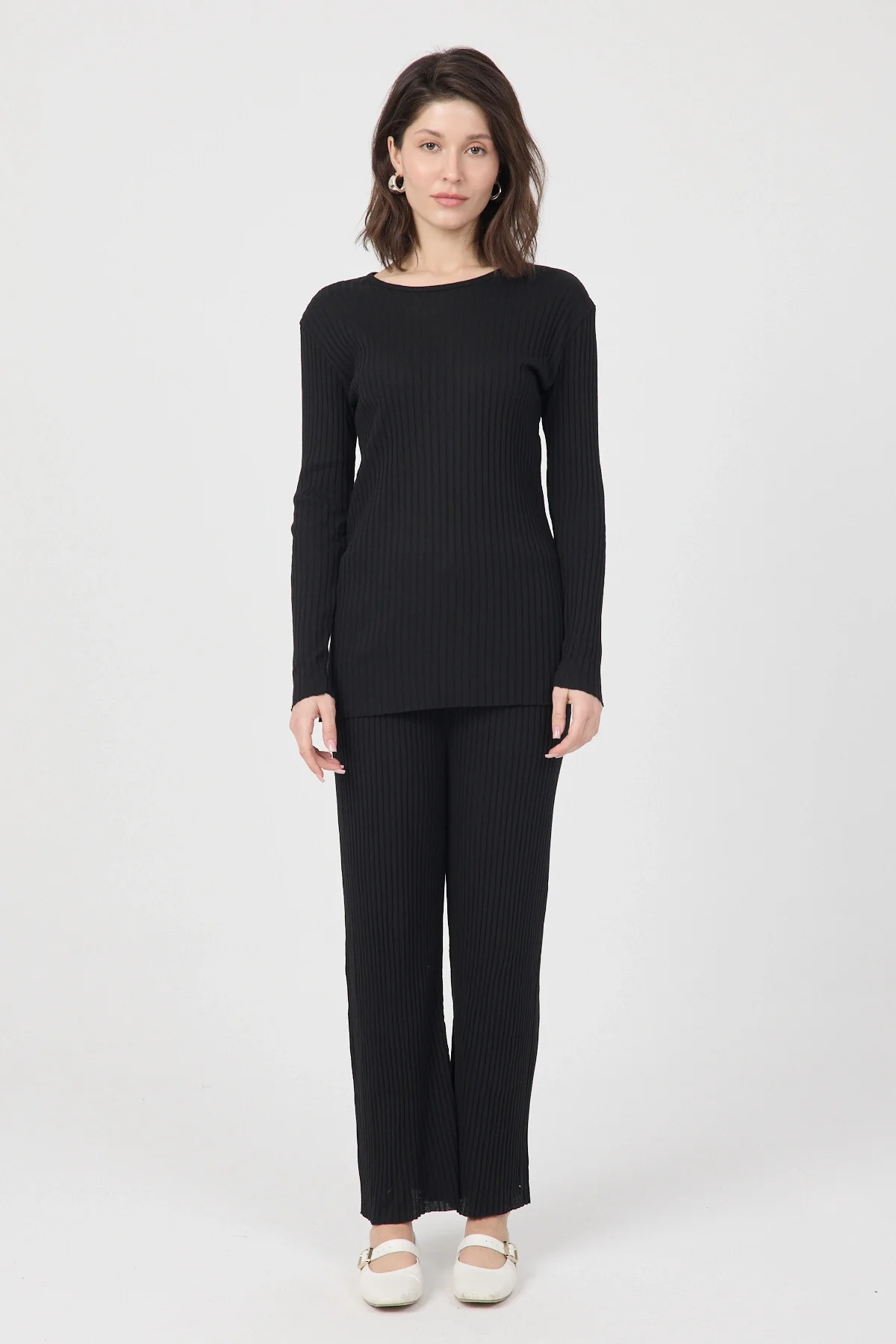 Kadın Mevsimlik Uzun Kollu Fitilli Siyah Pijama Takımı