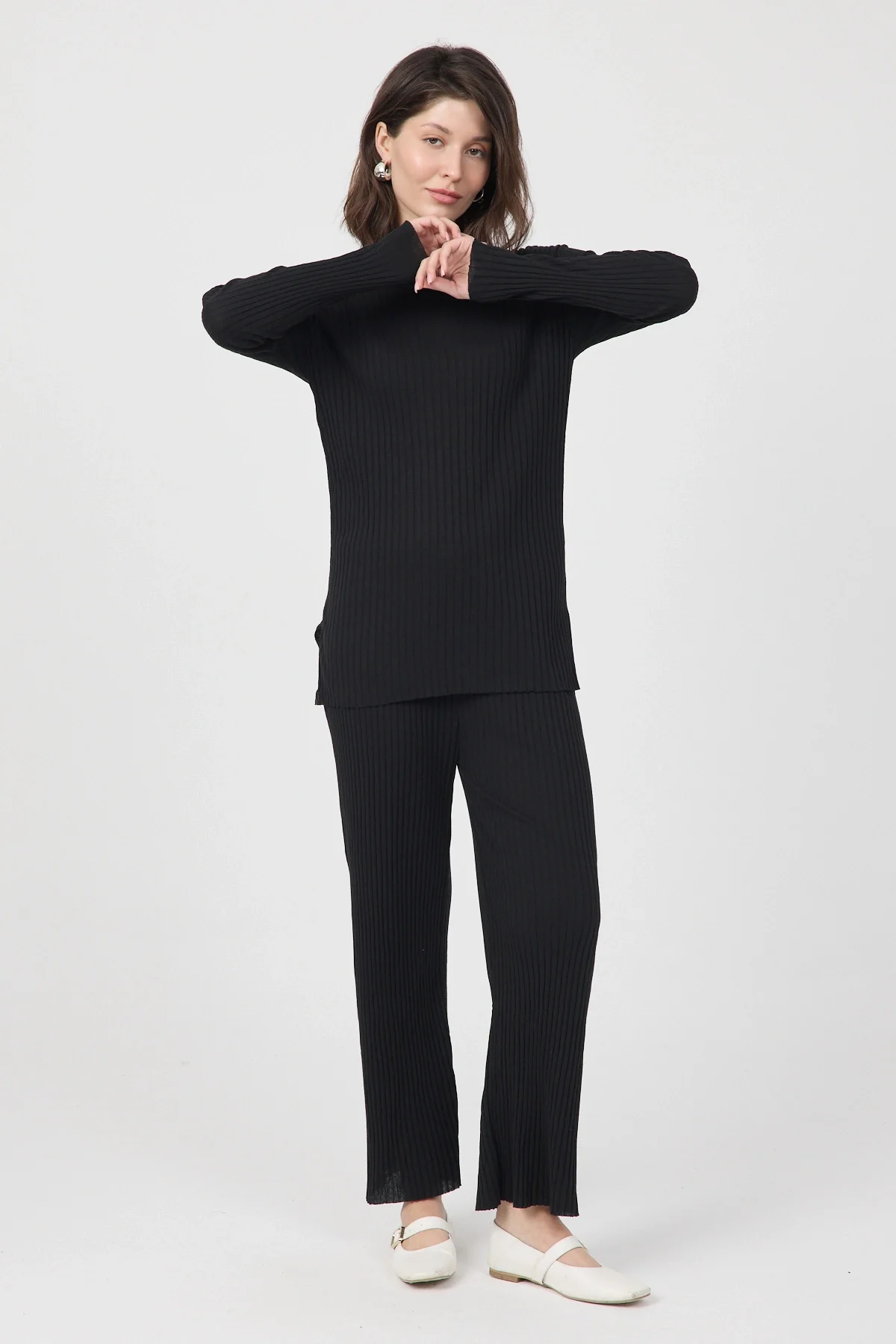 Kadın Mevsimlik Uzun Kollu Fitilli Siyah Pijama Takımı