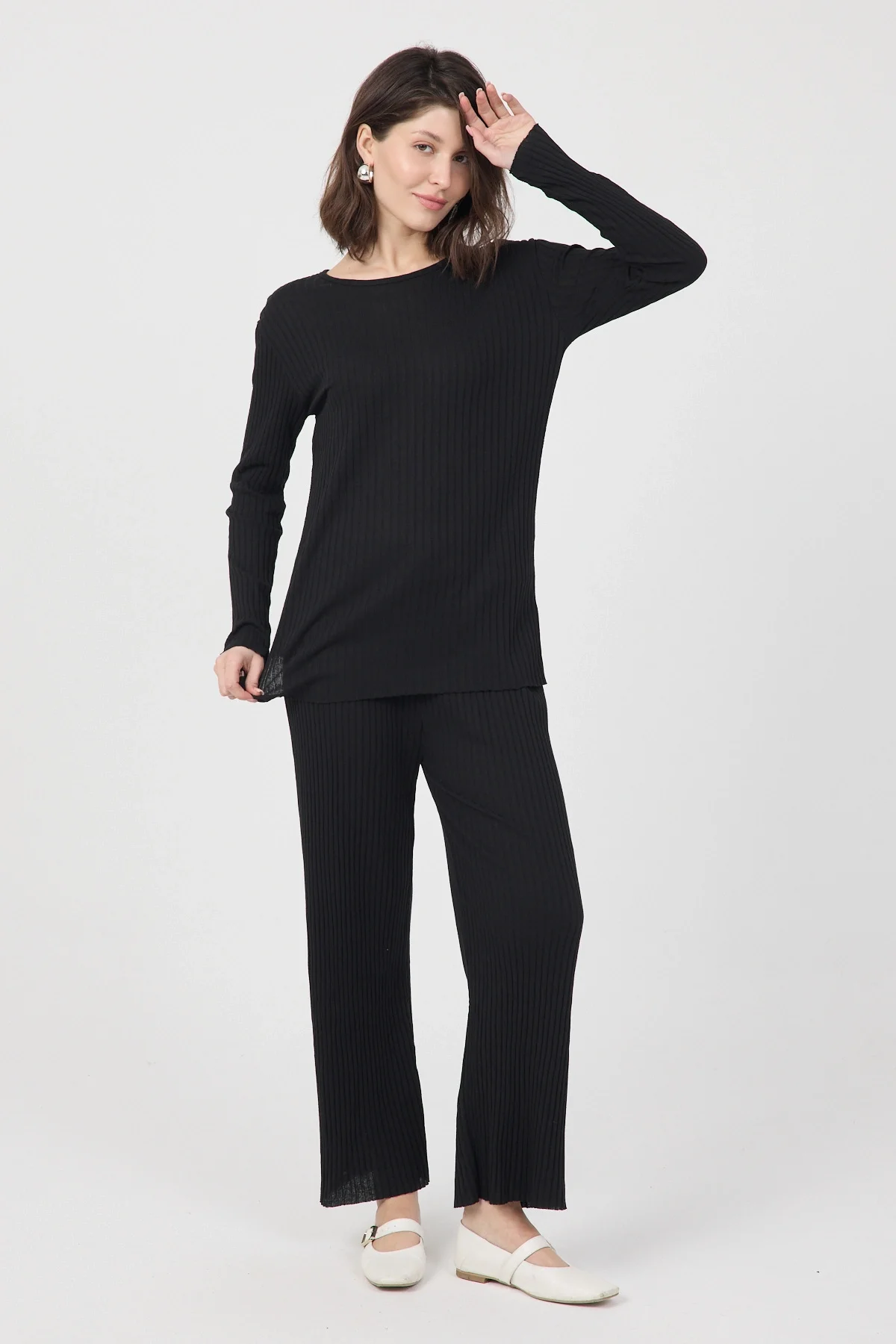 Kadın Mevsimlik Uzun Kollu Fitilli Siyah Pijama Takımı
