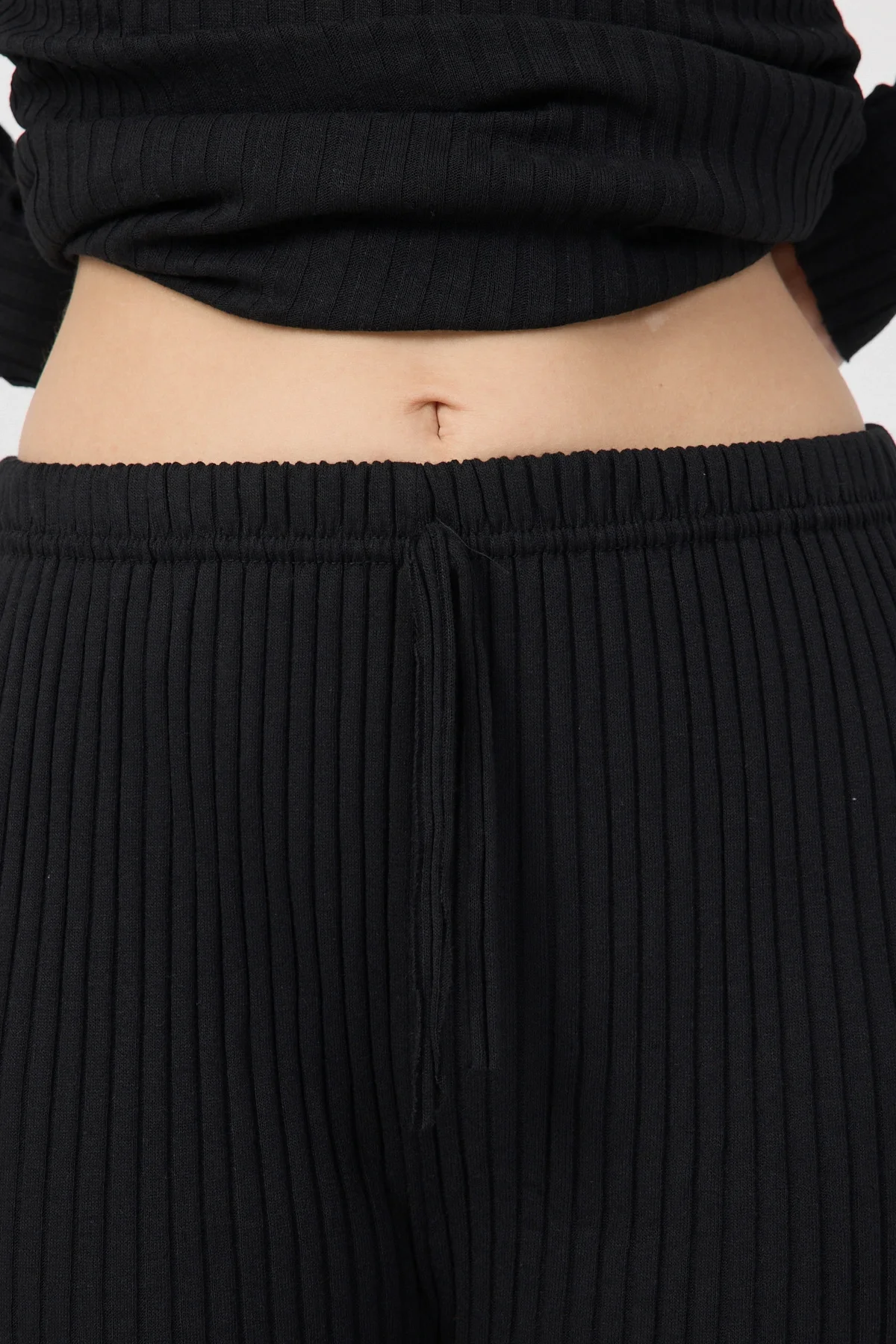 Kadın Mevsimlik Uzun Kollu Fitilli Siyah Pijama Takımı