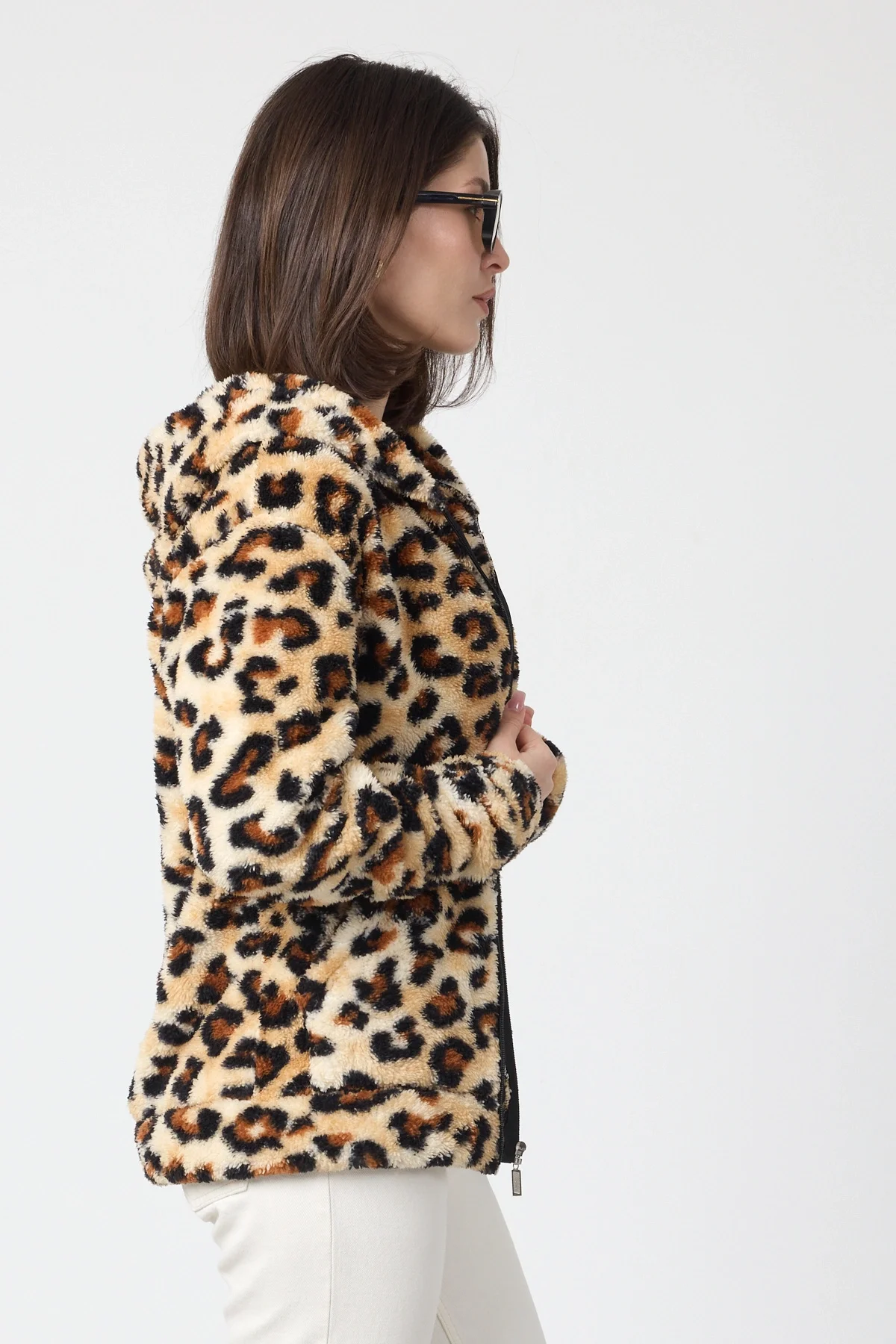 Kadın Kapüşonlu Fermuarlı Welsoft Yumuşak Kumaş Leopar Desenli Peluş Polar