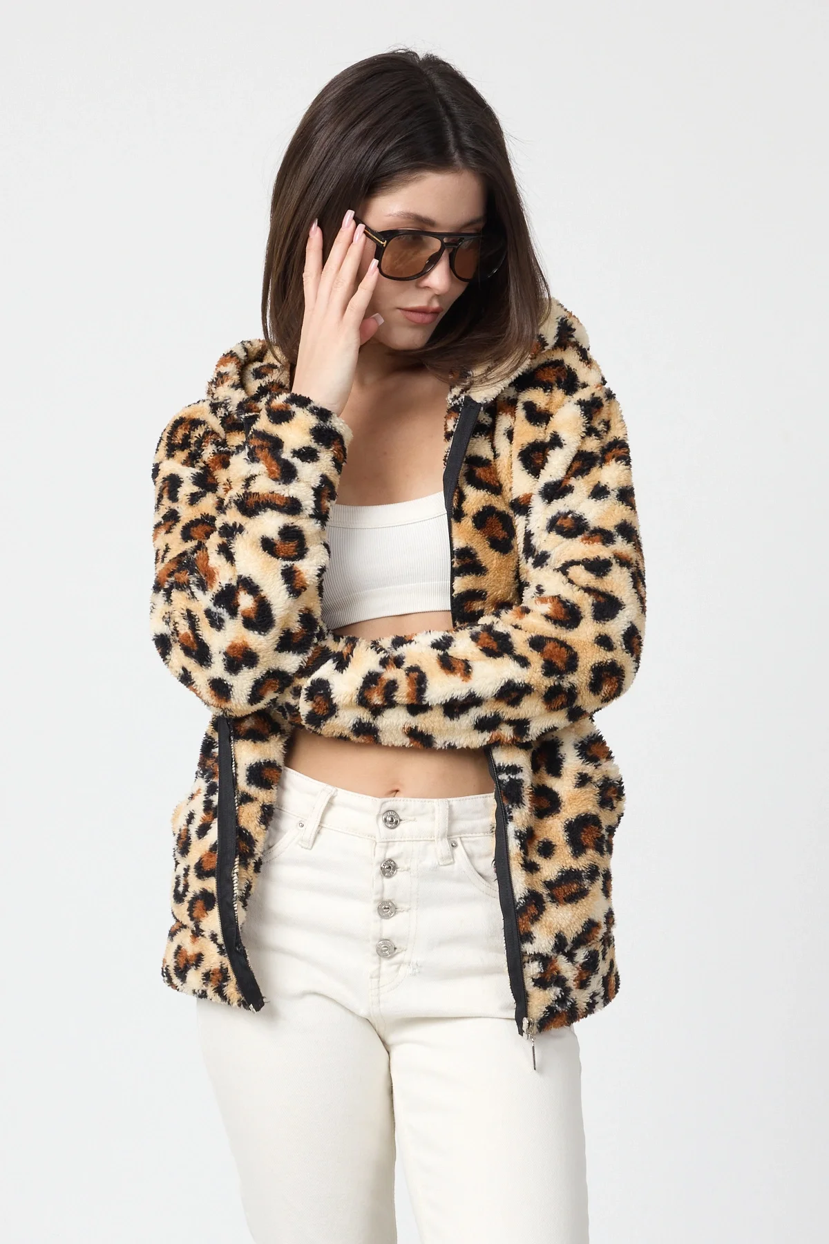 Kadın Kapüşonlu Fermuarlı Welsoft Yumuşak Kumaş Leopar Desenli Peluş Polar