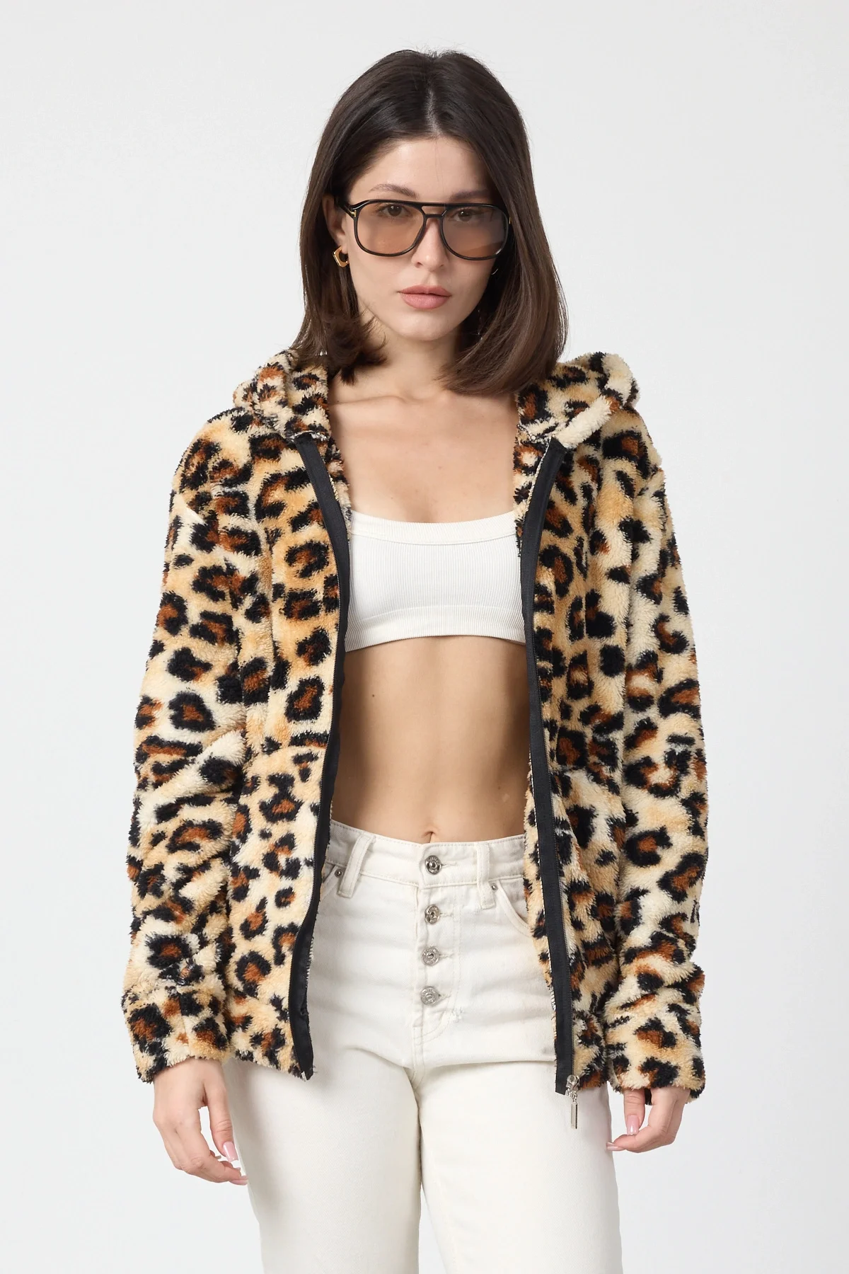 Kadın Kapüşonlu Fermuarlı Welsoft Yumuşak Kumaş Leopar Desenli Peluş Polar