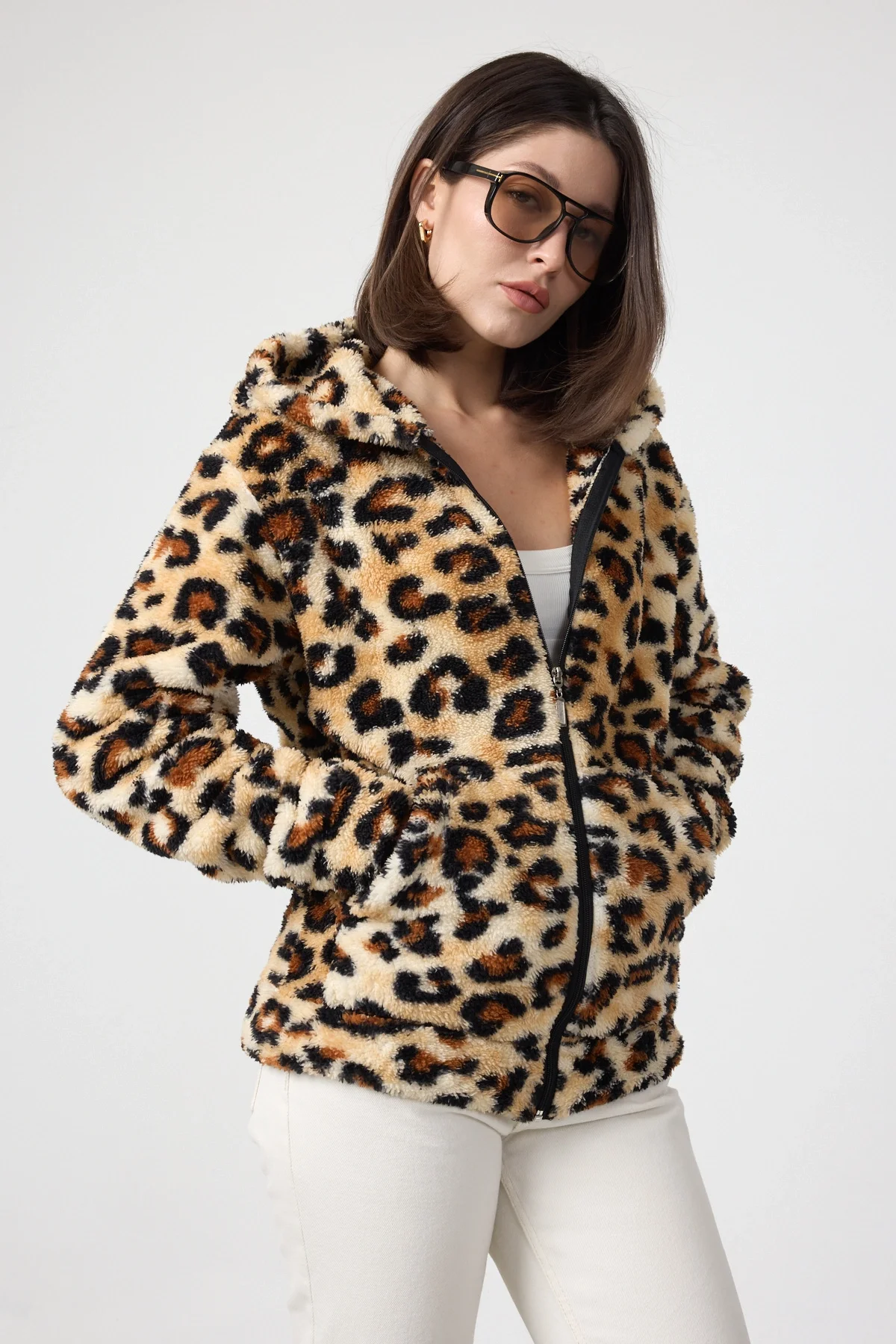 Kadın Kapüşonlu Fermuarlı Welsoft Yumuşak Kumaş Leopar Desenli Peluş Polar
