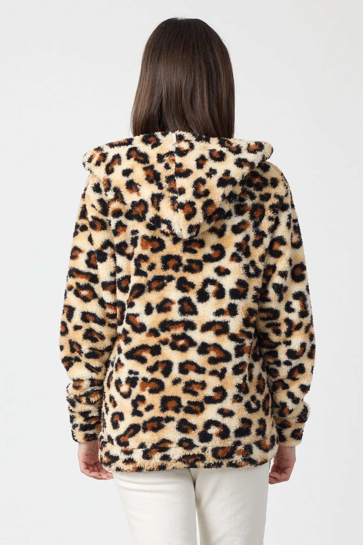 Kadın Kapüşonlu Fermuarlı Welsoft Yumuşak Kumaş Leopar Desenli Peluş Polar