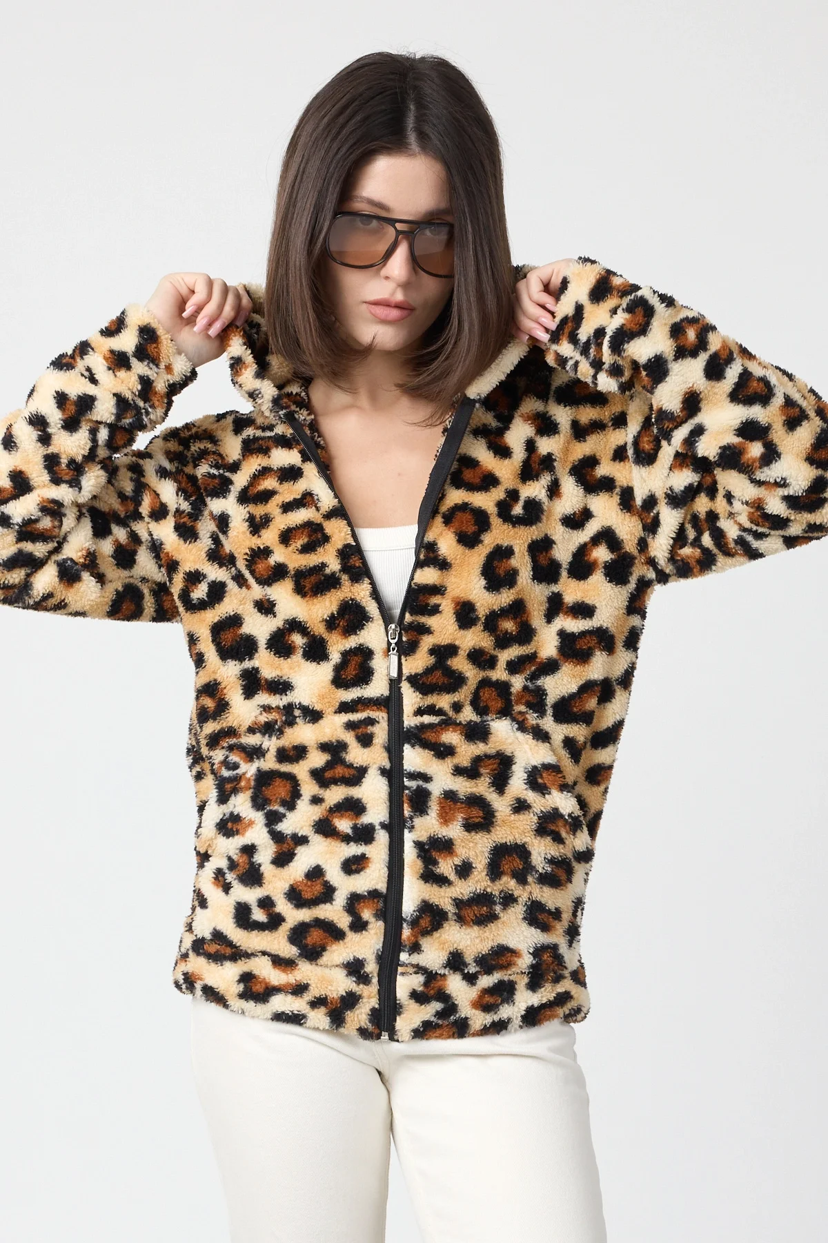 Kadın Kapüşonlu Fermuarlı Welsoft Yumuşak Kumaş Leopar Desenli Peluş Polar