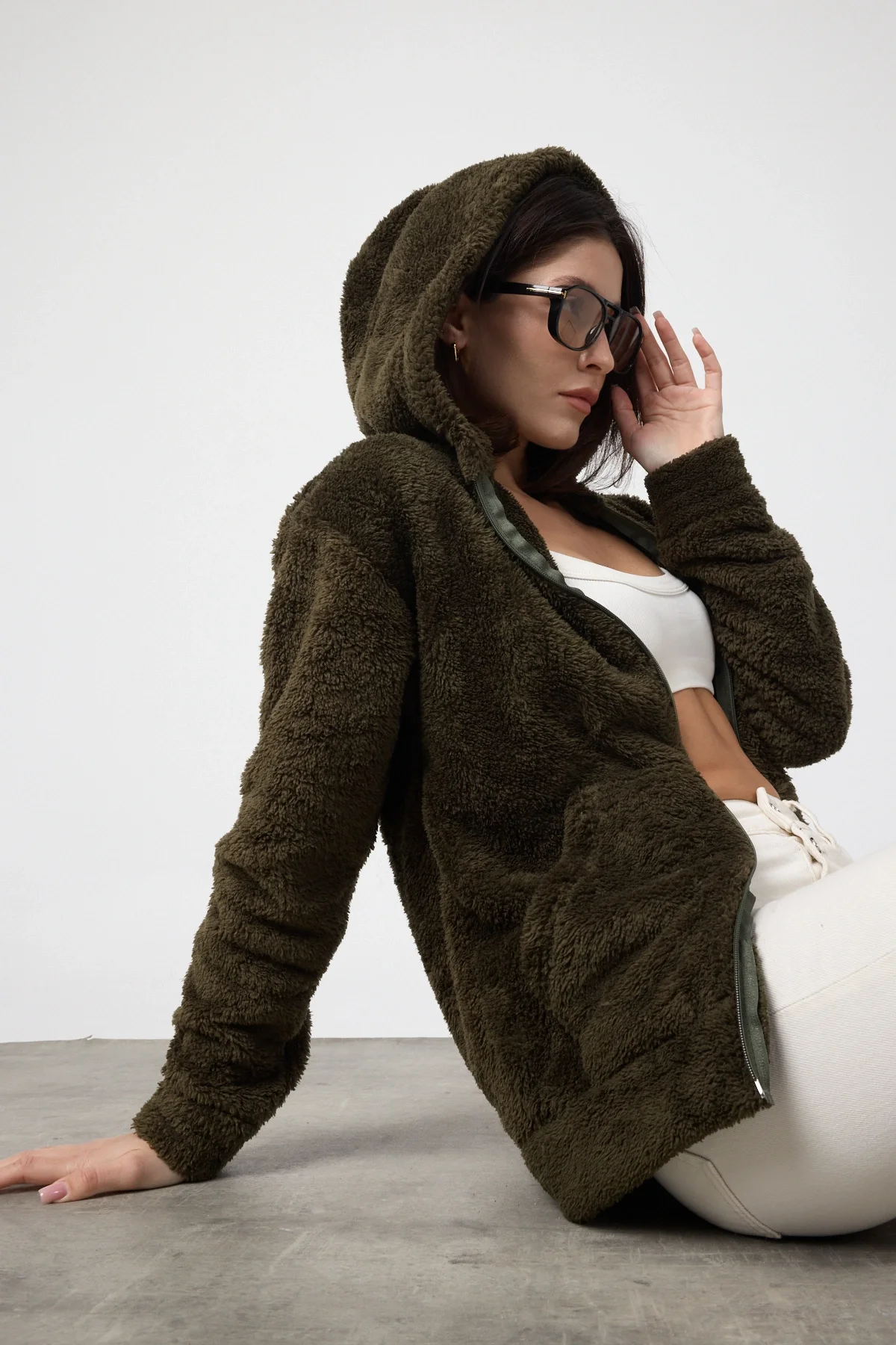 Kadın Kapüşonlu Fermuarlı Welsoft Yumuşak Kumaş Yeşil Peluş Polar