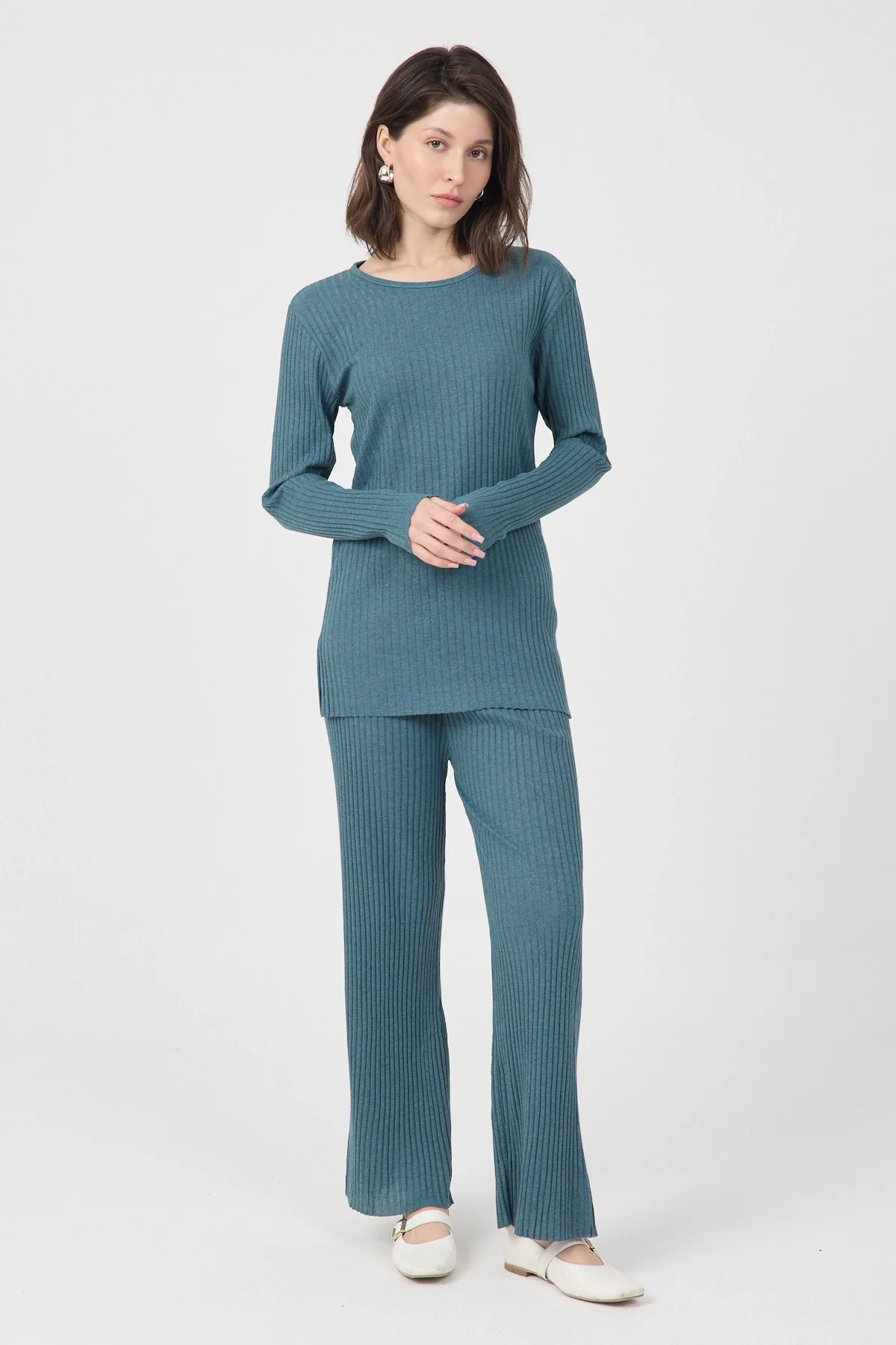 Kadın Mevsimlik Uzun Kollu Fitilli Petrol Yeşili Pijama Takımı