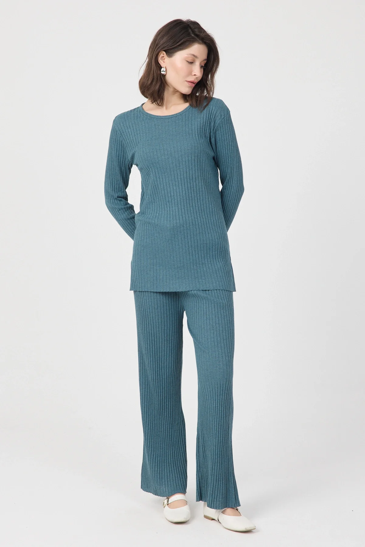 Kadın Mevsimlik Uzun Kollu Fitilli Petrol Yeşili Pijama Takımı