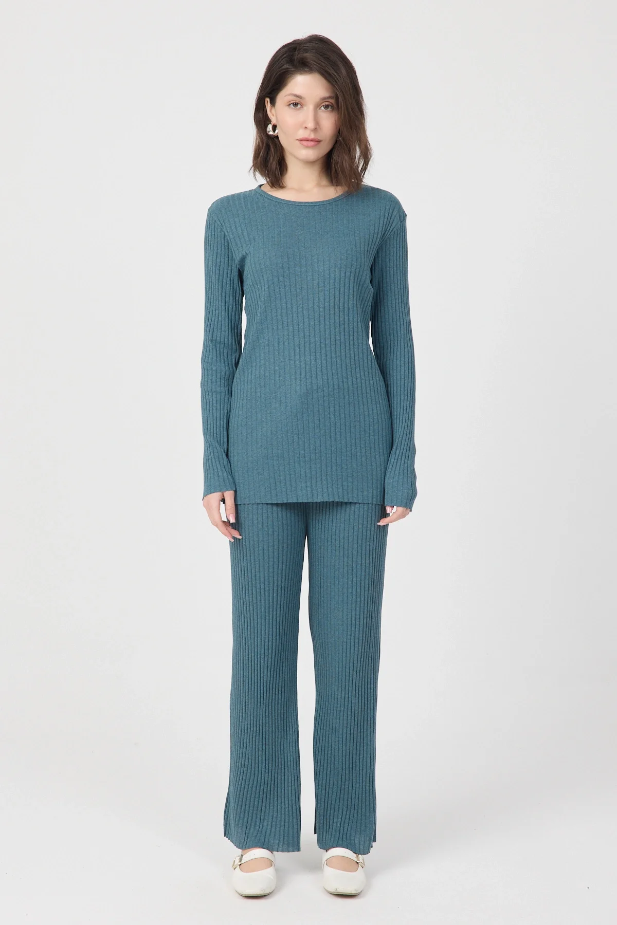 Kadın Mevsimlik Uzun Kollu Fitilli Petrol Yeşili Pijama Takımı