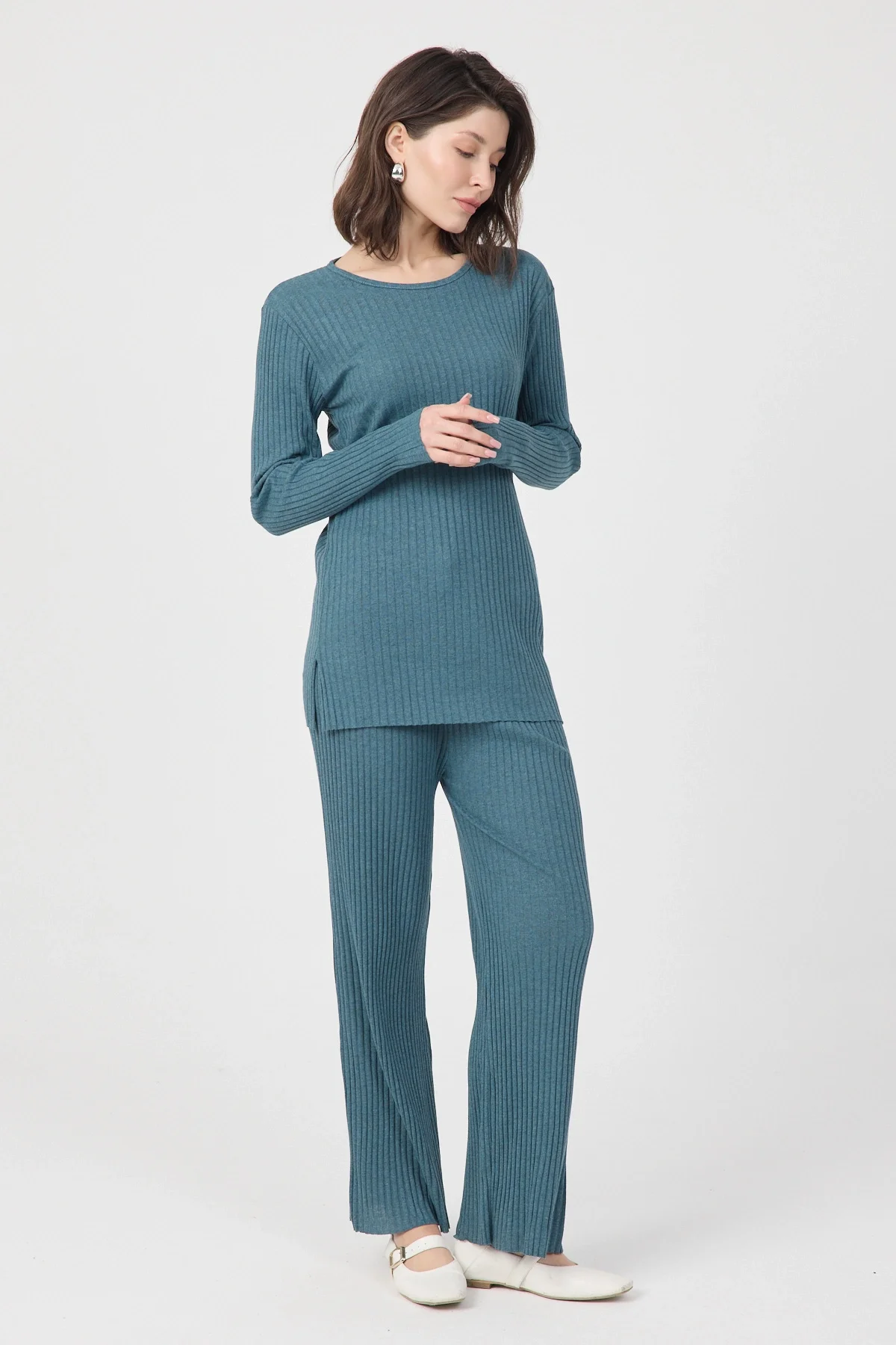 Kadın Mevsimlik Uzun Kollu Fitilli Petrol Yeşili Pijama Takımı