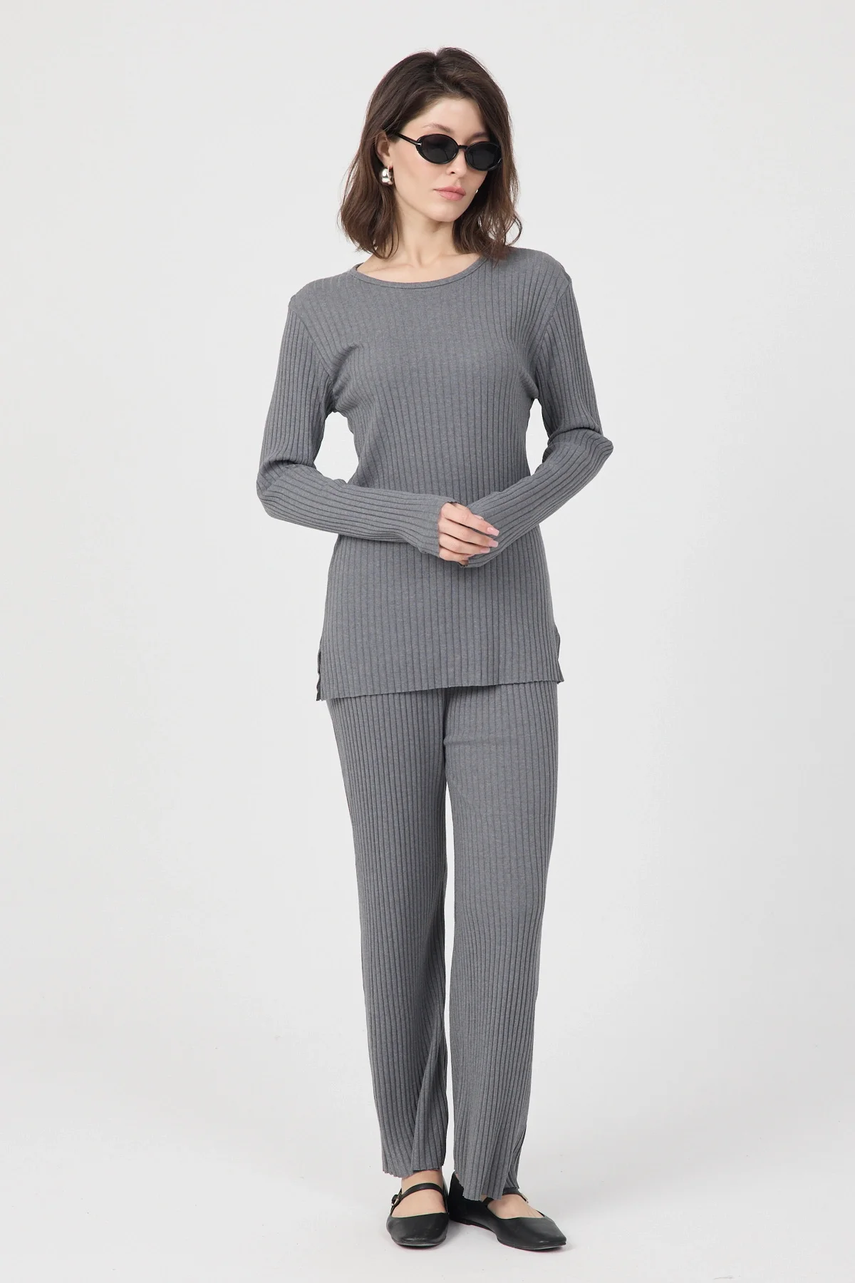 Kadın Mevsimlik Uzun Kollu Fitilli Gri Pijama Takımı