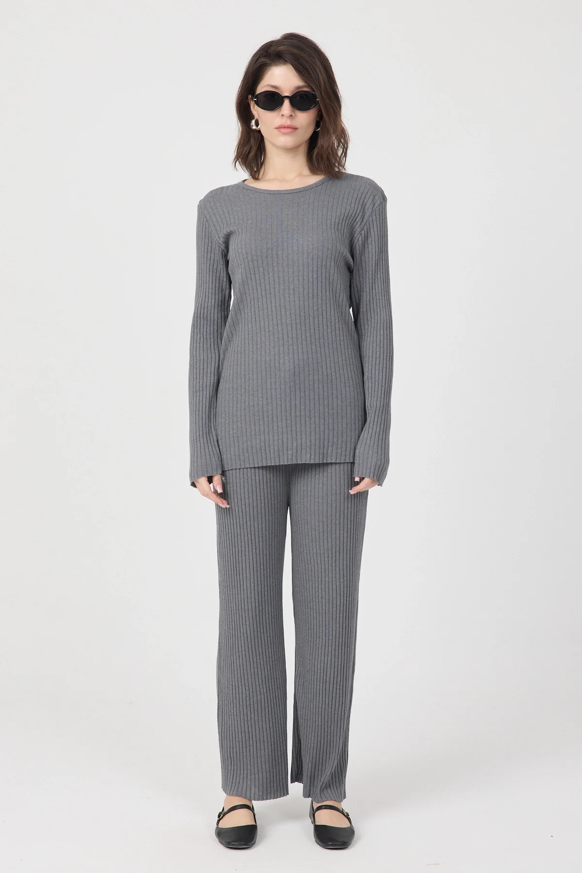 Kadın Mevsimlik Uzun Kollu Fitilli Gri Pijama Takımı