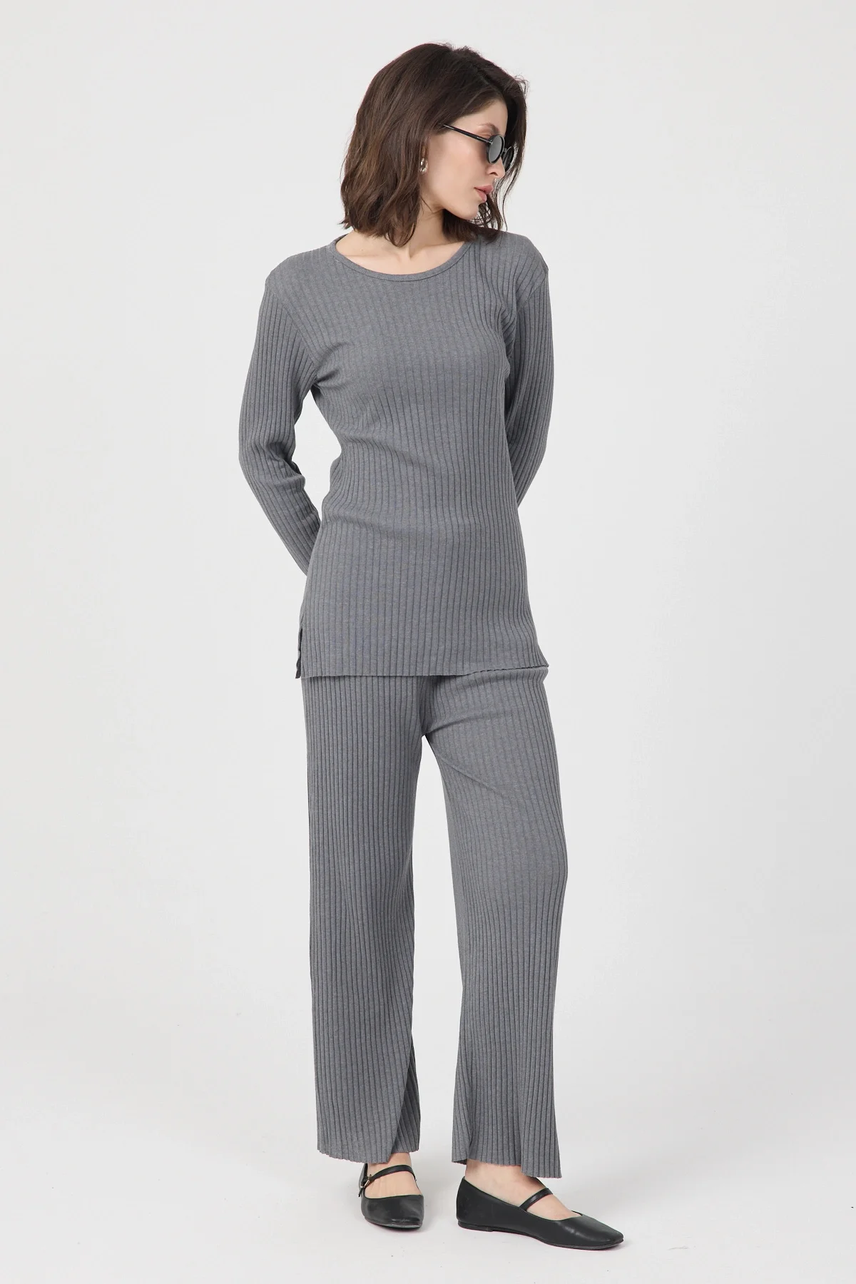 Kadın Mevsimlik Uzun Kollu Fitilli Gri Pijama Takımı