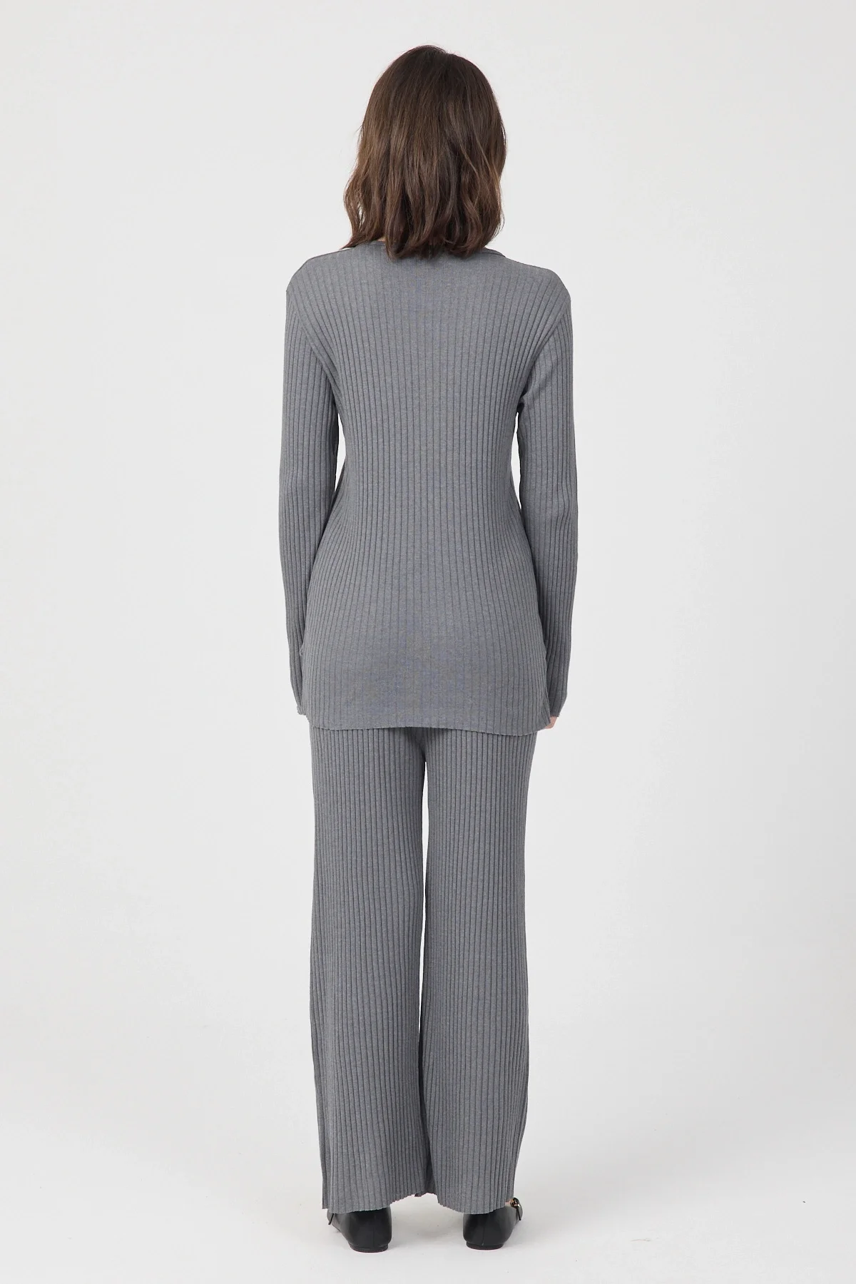 Kadın Mevsimlik Uzun Kollu Fitilli Gri Pijama Takımı