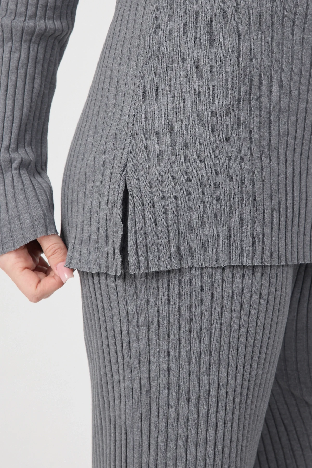 Kadın Mevsimlik Uzun Kollu Fitilli Gri Pijama Takımı