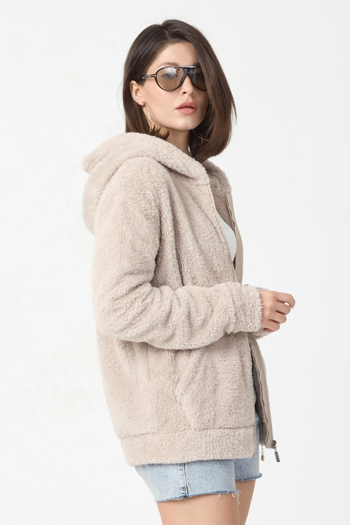 Kadın Kapüşonlu Fermuarlı Welsoft Yumuşak Kumaş Krem Peluş Polar
