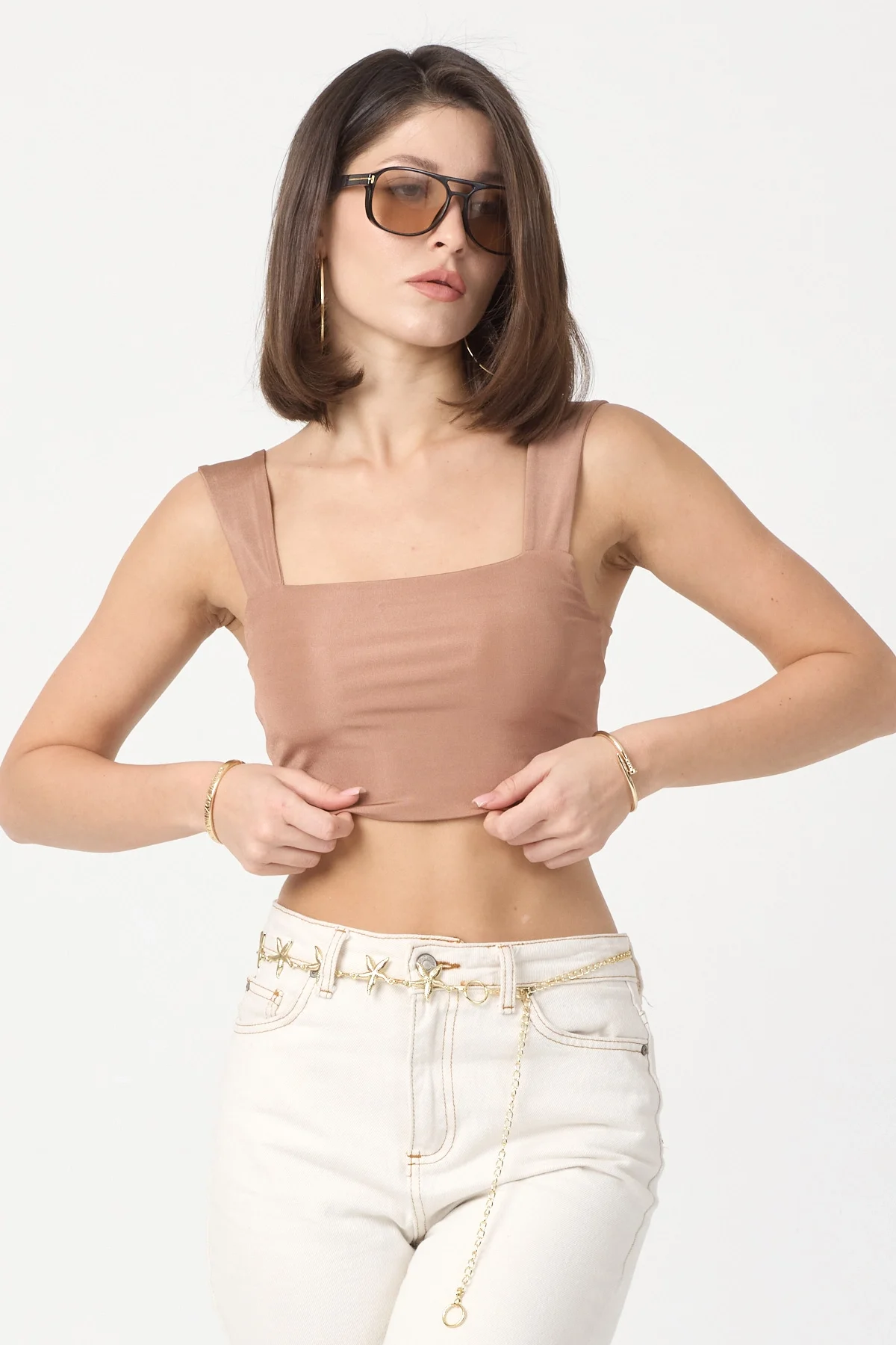 Kadın Camel Kalın Askılı Crop Top BLZ-00051
