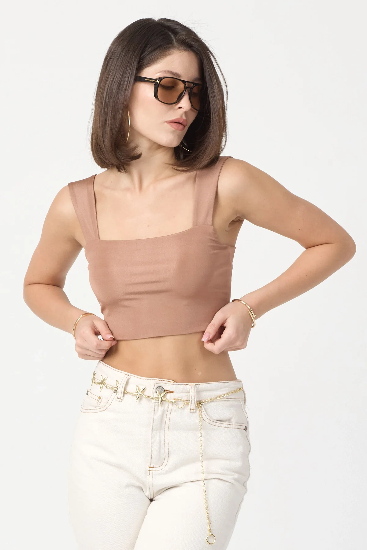 Kadın Camel Kalın Askılı Crop Top BLZ-00051