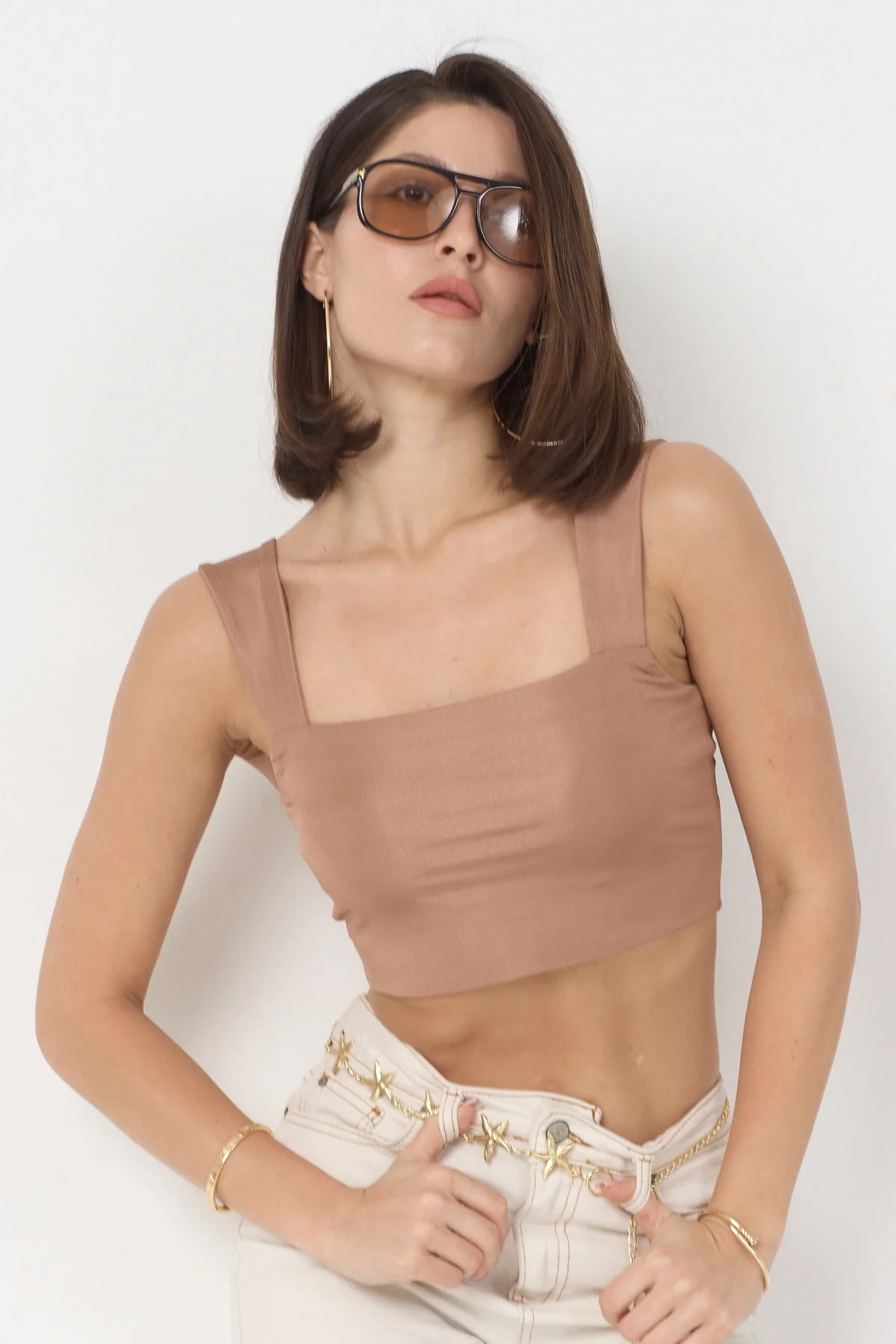 Kadın Camel Kalın Askılı Crop Top BLZ-00051