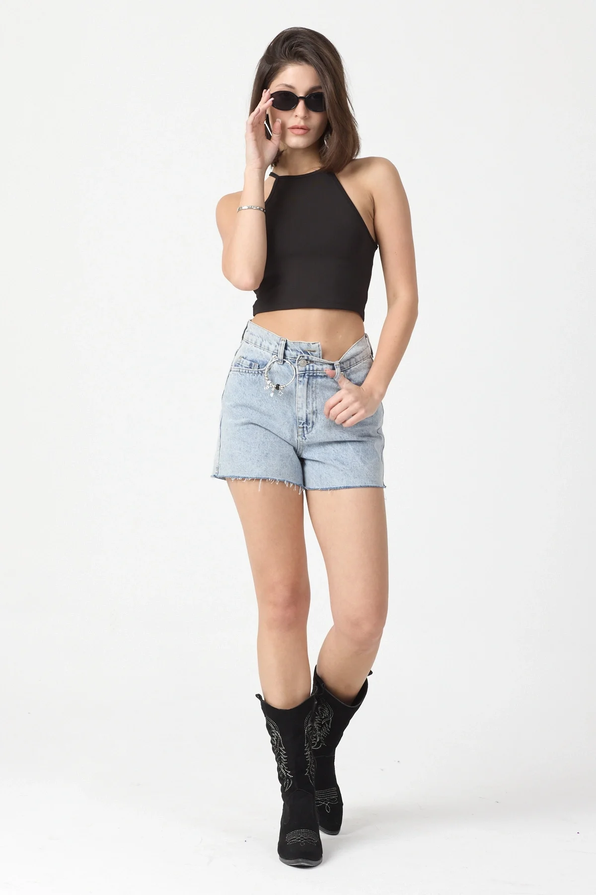 Kadın Siyah Bisiklet Yaka Crop Top BLZ-00187