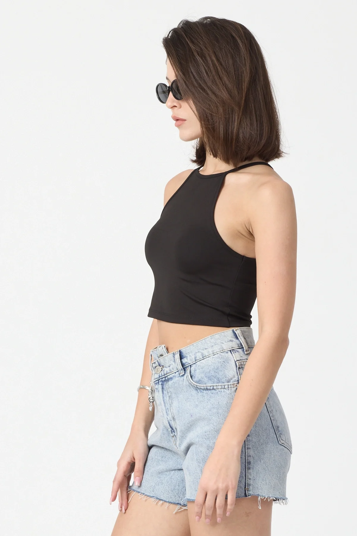 Kadın Siyah Bisiklet Yaka Crop Top BLZ-00187
