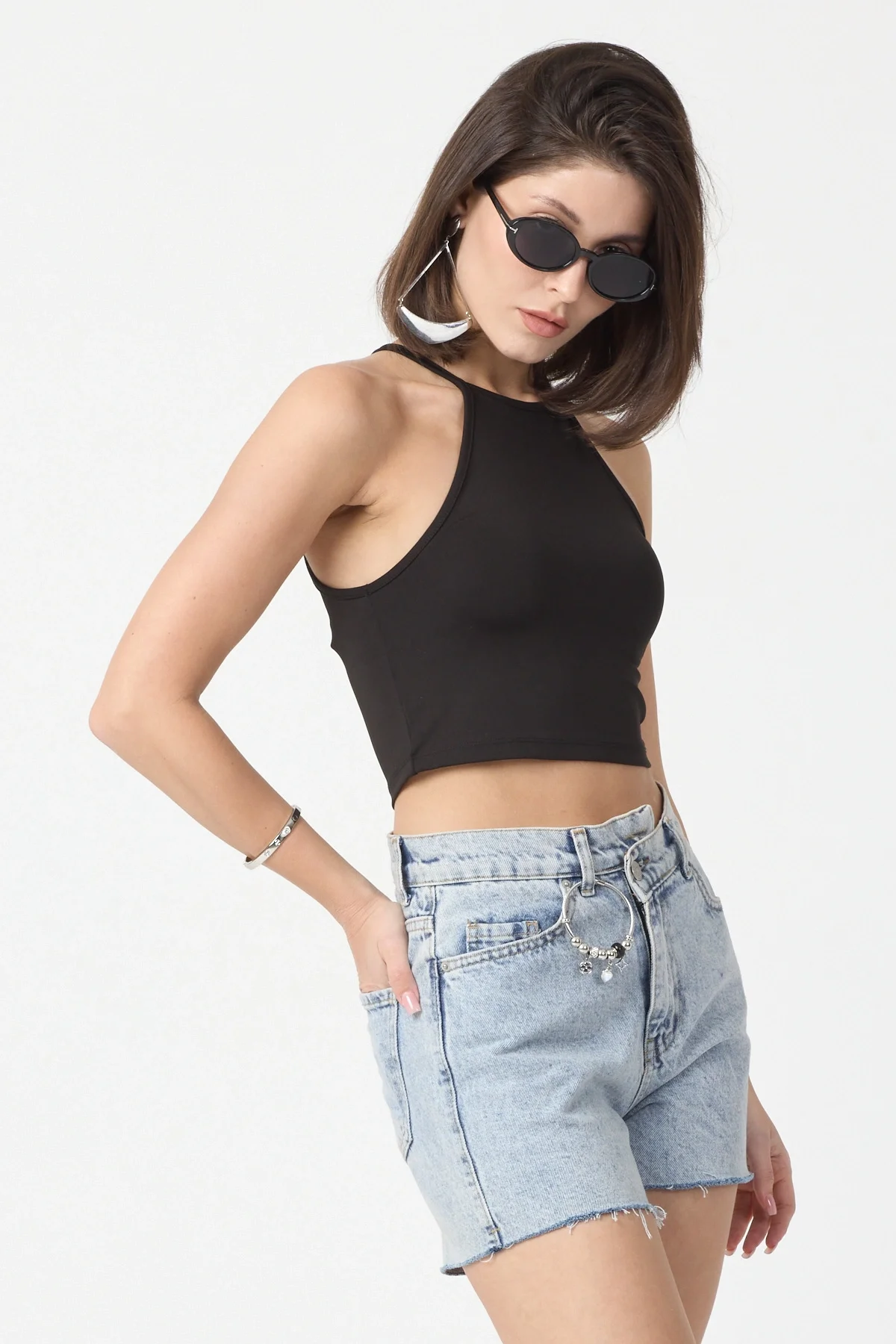 Kadın Siyah Bisiklet Yaka Crop Top BLZ-00187