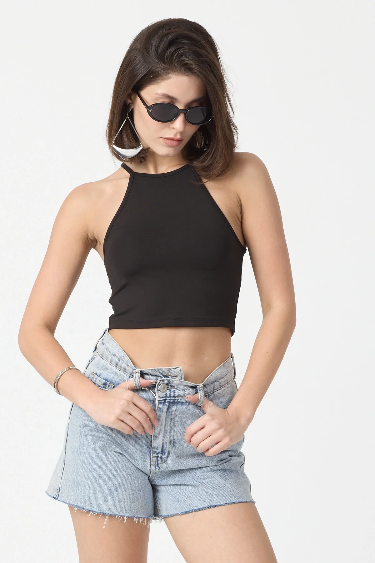 Kadın Siyah Bisiklet Yaka Crop Top BLZ-00187