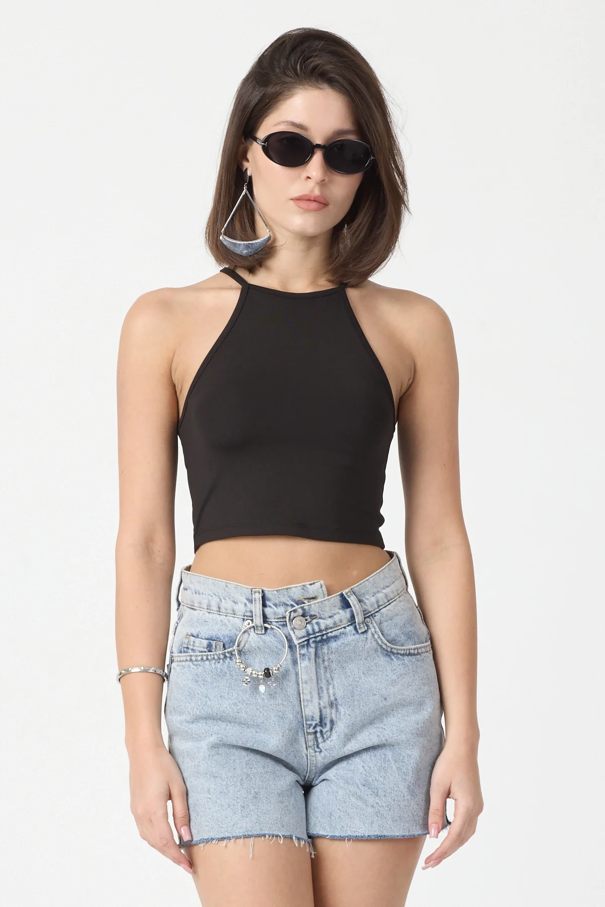 Kadın Siyah Bisiklet Yaka Crop Top BLZ-00187