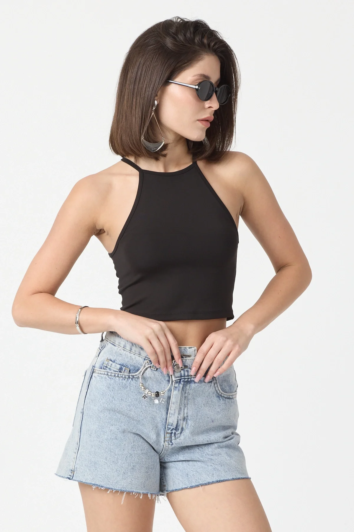 Kadın Siyah Bisiklet Yaka Crop Top BLZ-00187