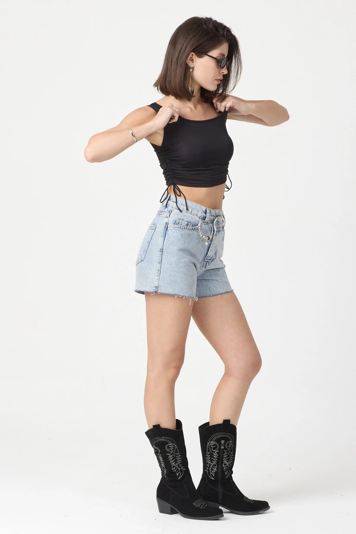 Kadın Siyah Yandan Ayarlanabilir Crop Bluz BLZ-00242