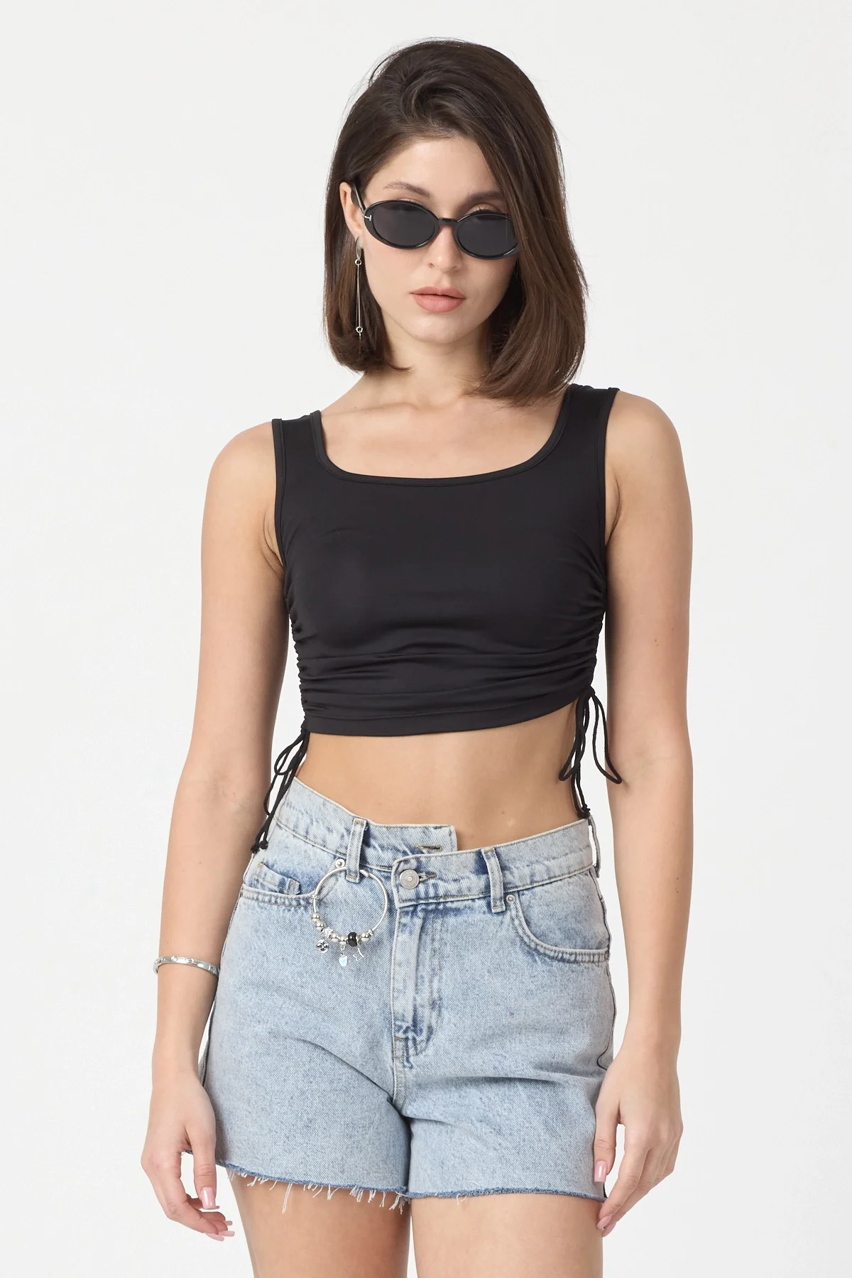 Kadın Siyah Yandan Ayarlanabilir Crop Bluz BLZ-00242