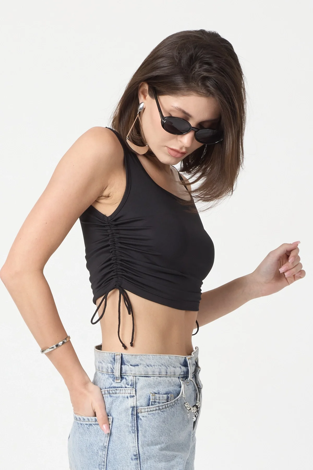 Kadın Siyah Yandan Ayarlanabilir Crop Bluz BLZ-00242