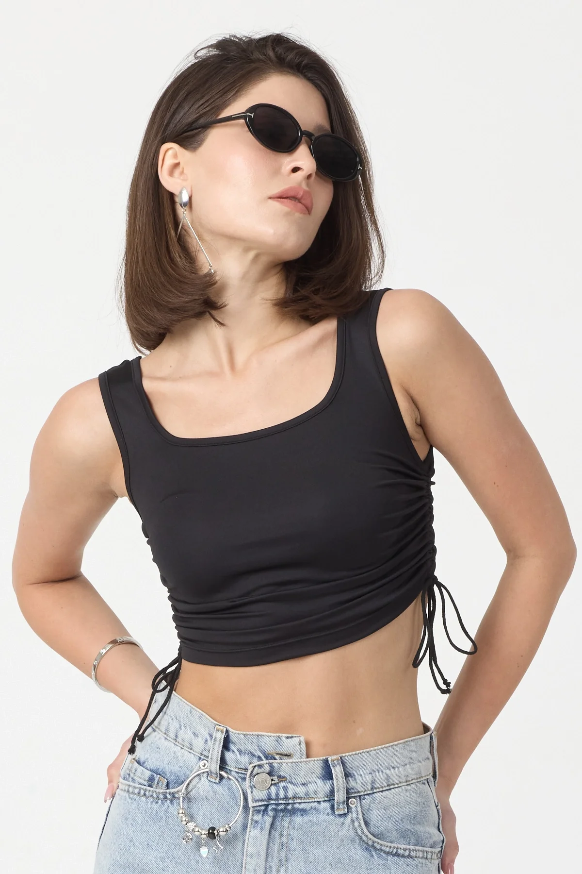 Kadın Siyah Yandan Ayarlanabilir Crop Bluz BLZ-00242