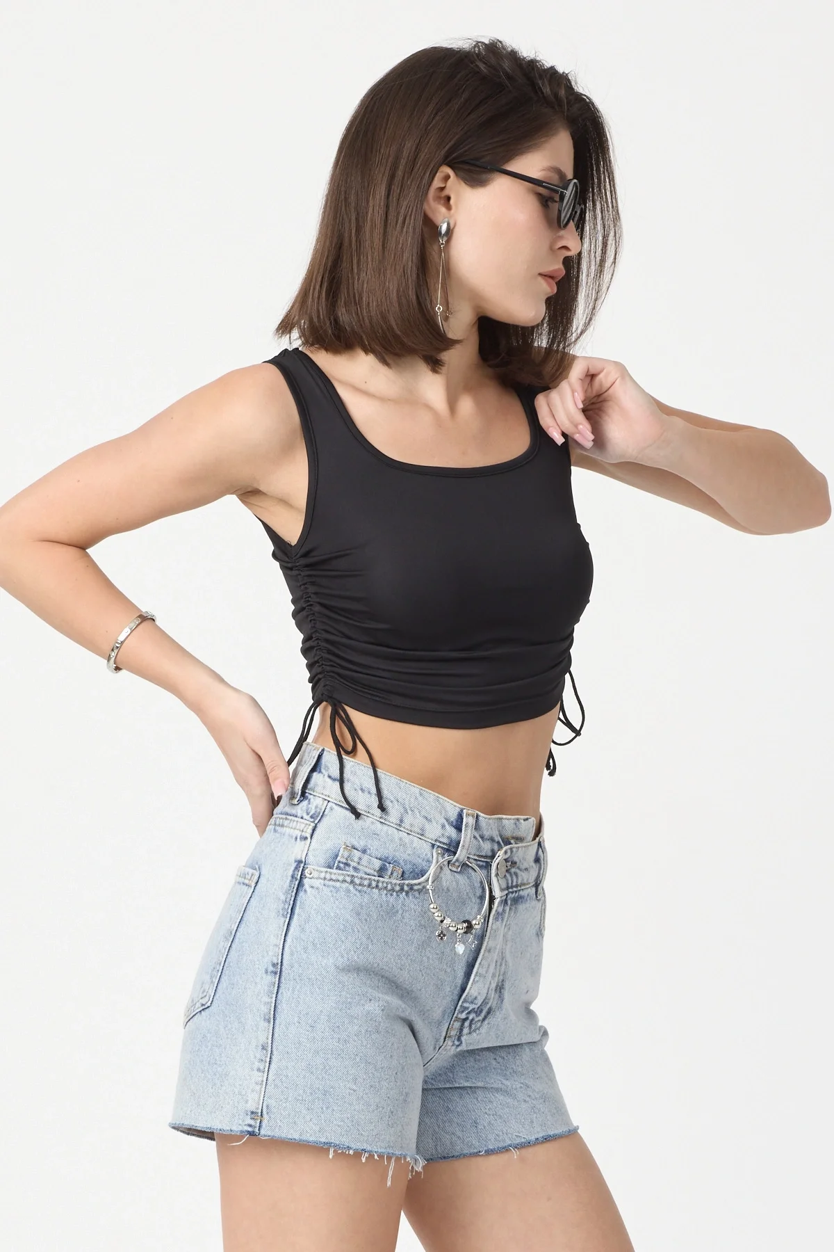 Kadın Siyah Yandan Ayarlanabilir Crop Bluz BLZ-00242