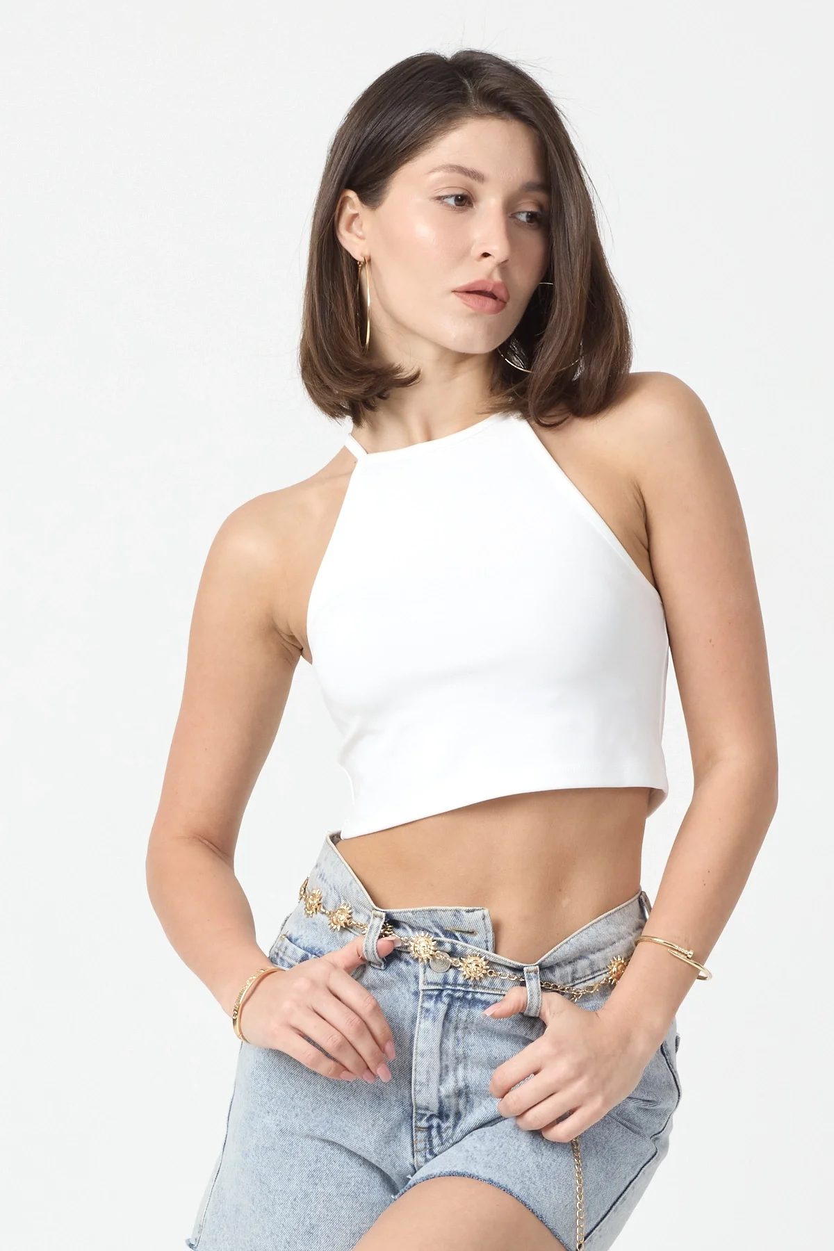Kadın Beyaz Bisiklet Yaka Crop Top BLZ-00187