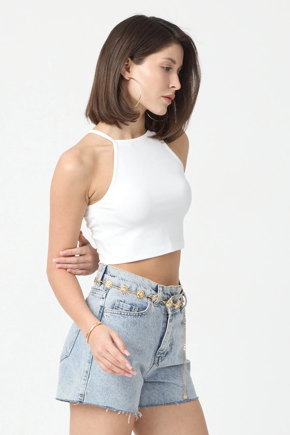 Kadın Beyaz Bisiklet Yaka Crop Top BLZ-00187