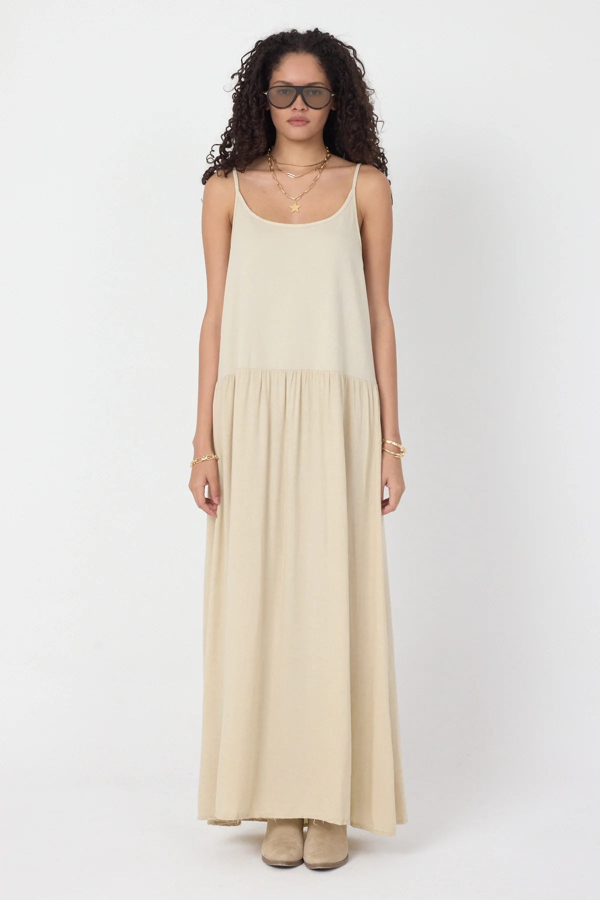 Kadın Bej İnce Askılı Pamuklu Maxi Bohem Yazlık Elbise