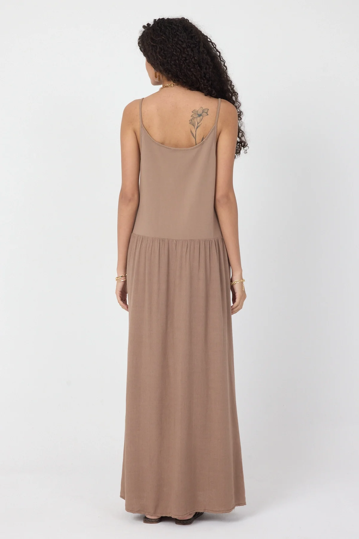 Kadın Kahverengi İnce Askılı Pamuklu Maxi Bohem Yazlık Elbise