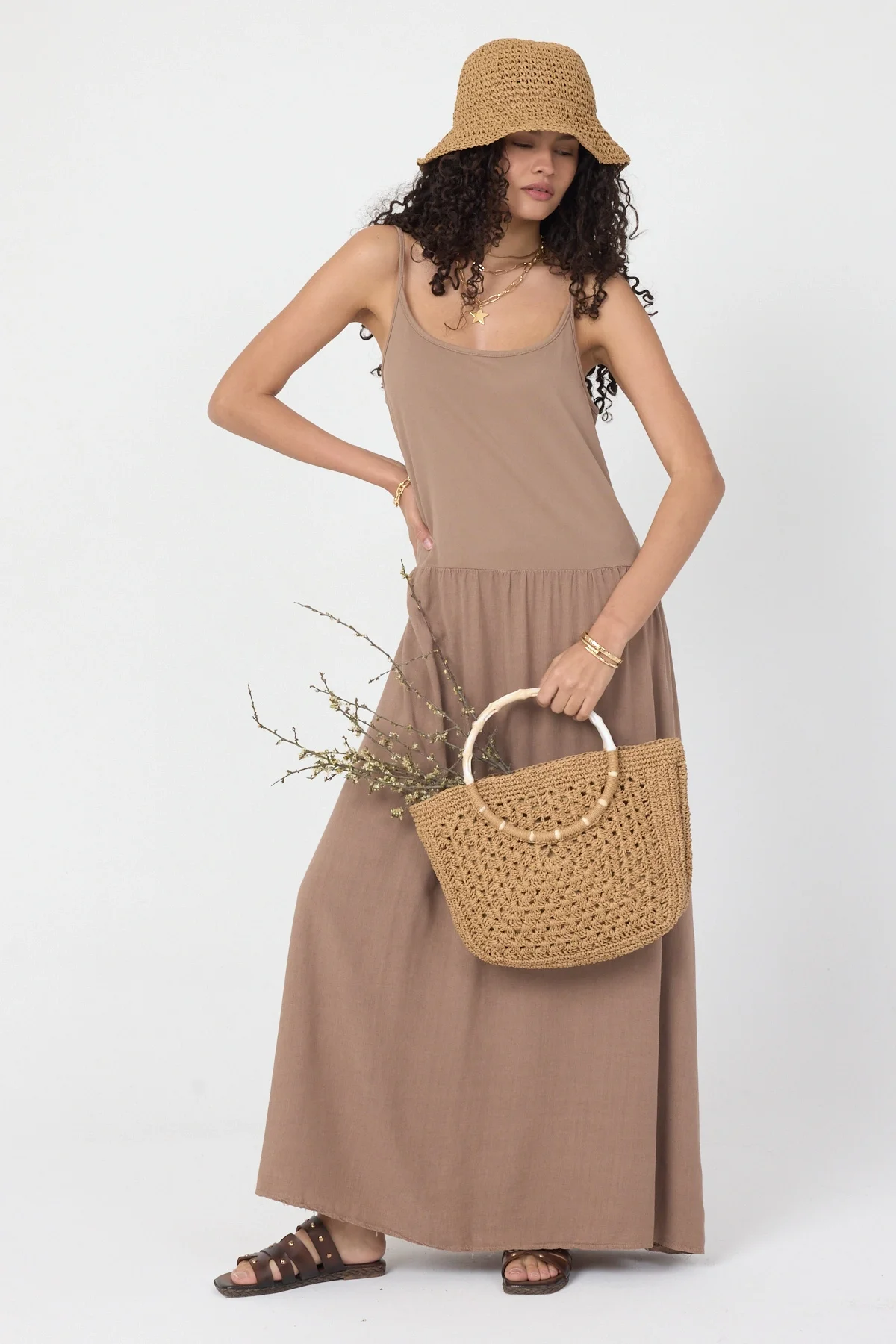 Kadın Kahverengi İnce Askılı Pamuklu Maxi Bohem Yazlık Elbise