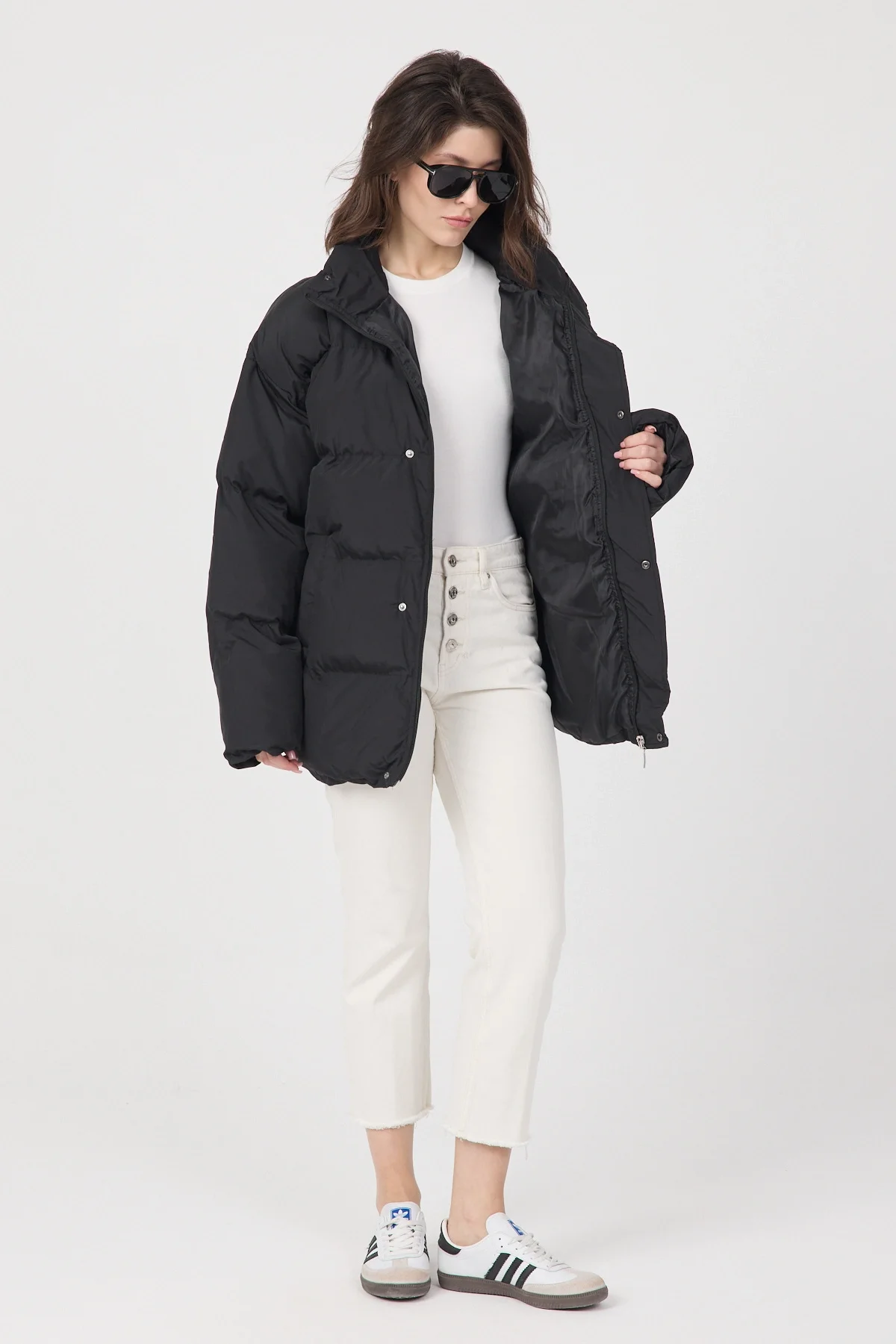 Kadın Siyah Oversize Puffer Şişme Dik Yaka Su İtici Kapitone Mont