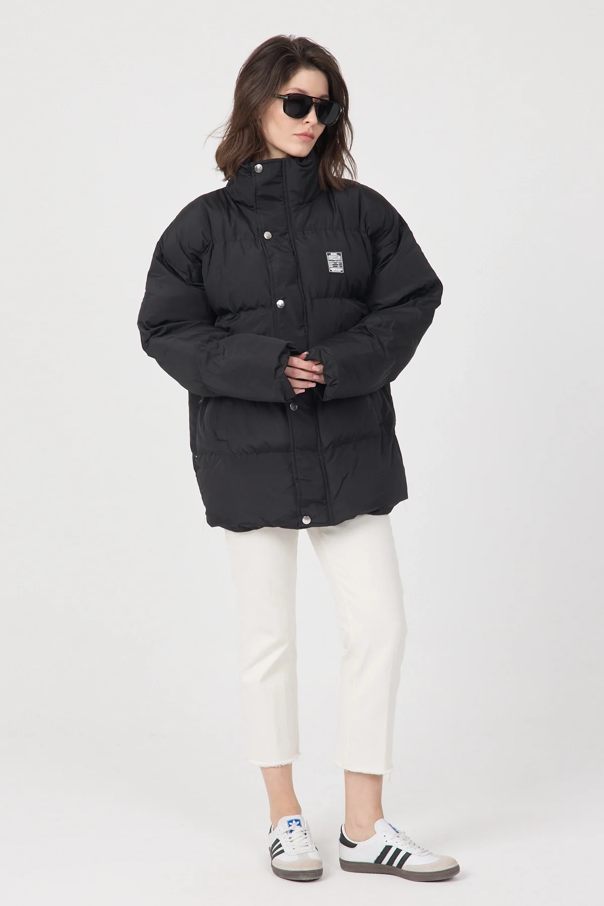 Kadın Siyah Oversize Puffer Şişme Dik Yaka Su İtici Kapitone Mont