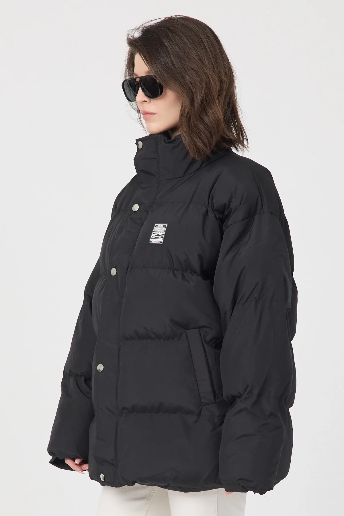 Kadın Siyah Oversize Puffer Şişme Dik Yaka Su İtici Kapitone Mont