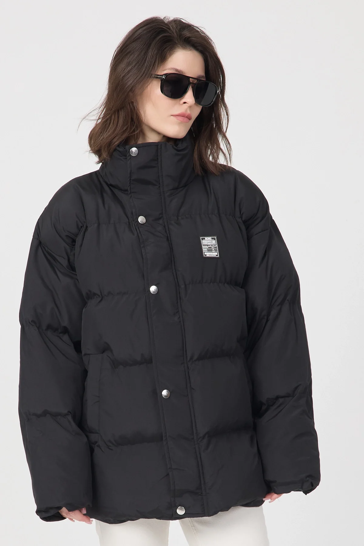 Kadın Siyah Oversize Puffer Şişme Dik Yaka Su İtici Kapitone Mont