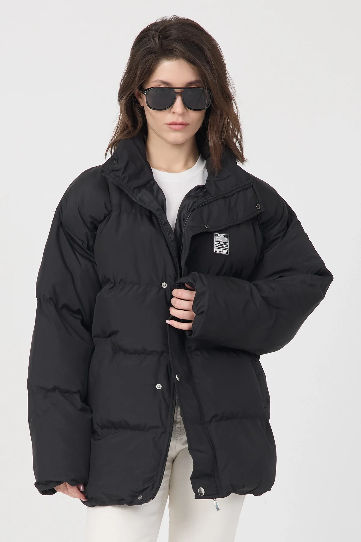 Kadın Siyah Oversize Puffer Şişme Dik Yaka Su İtici Kapitone Mont