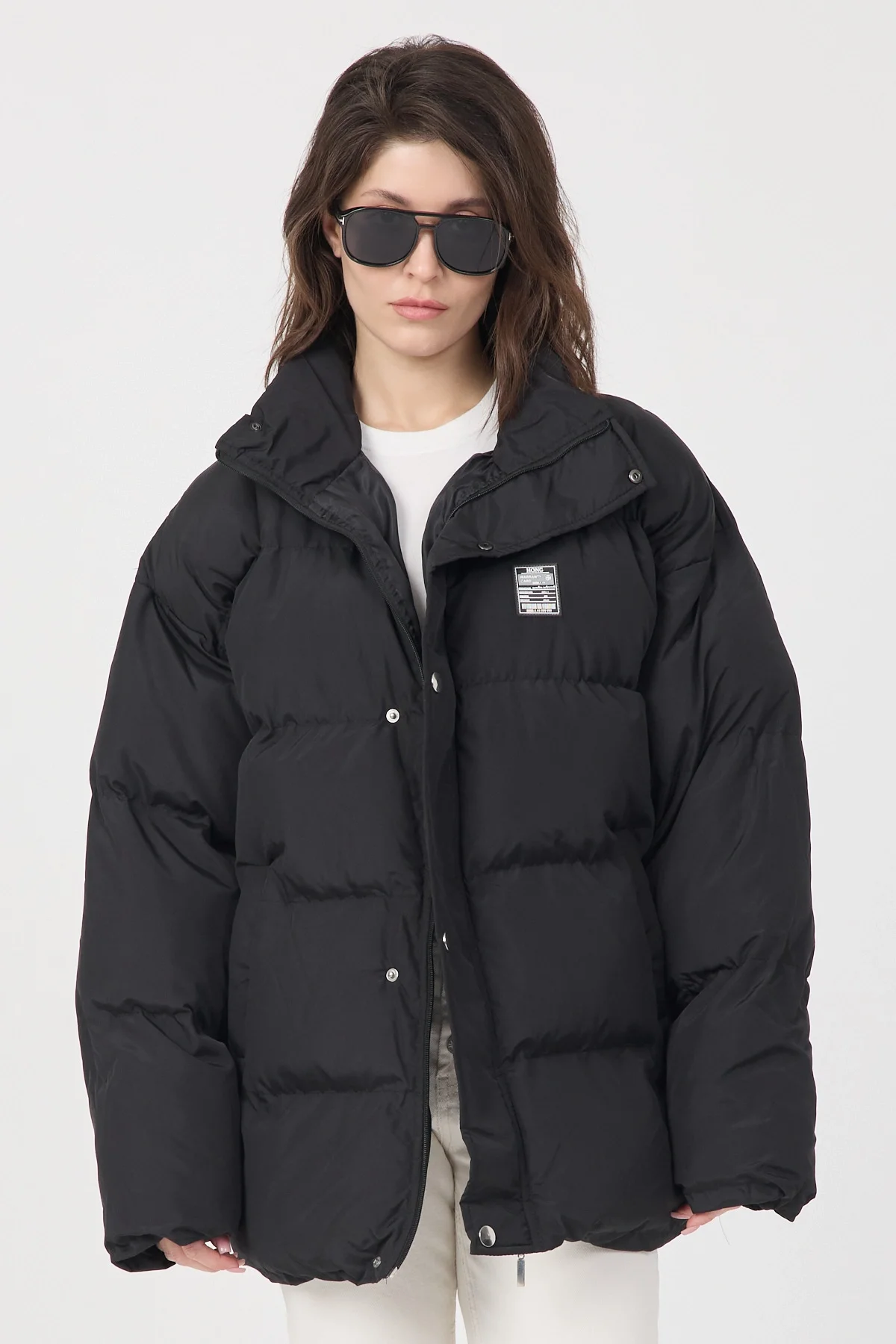 Kadın Siyah Oversize Puffer Şişme Dik Yaka Su İtici Kapitone Mont