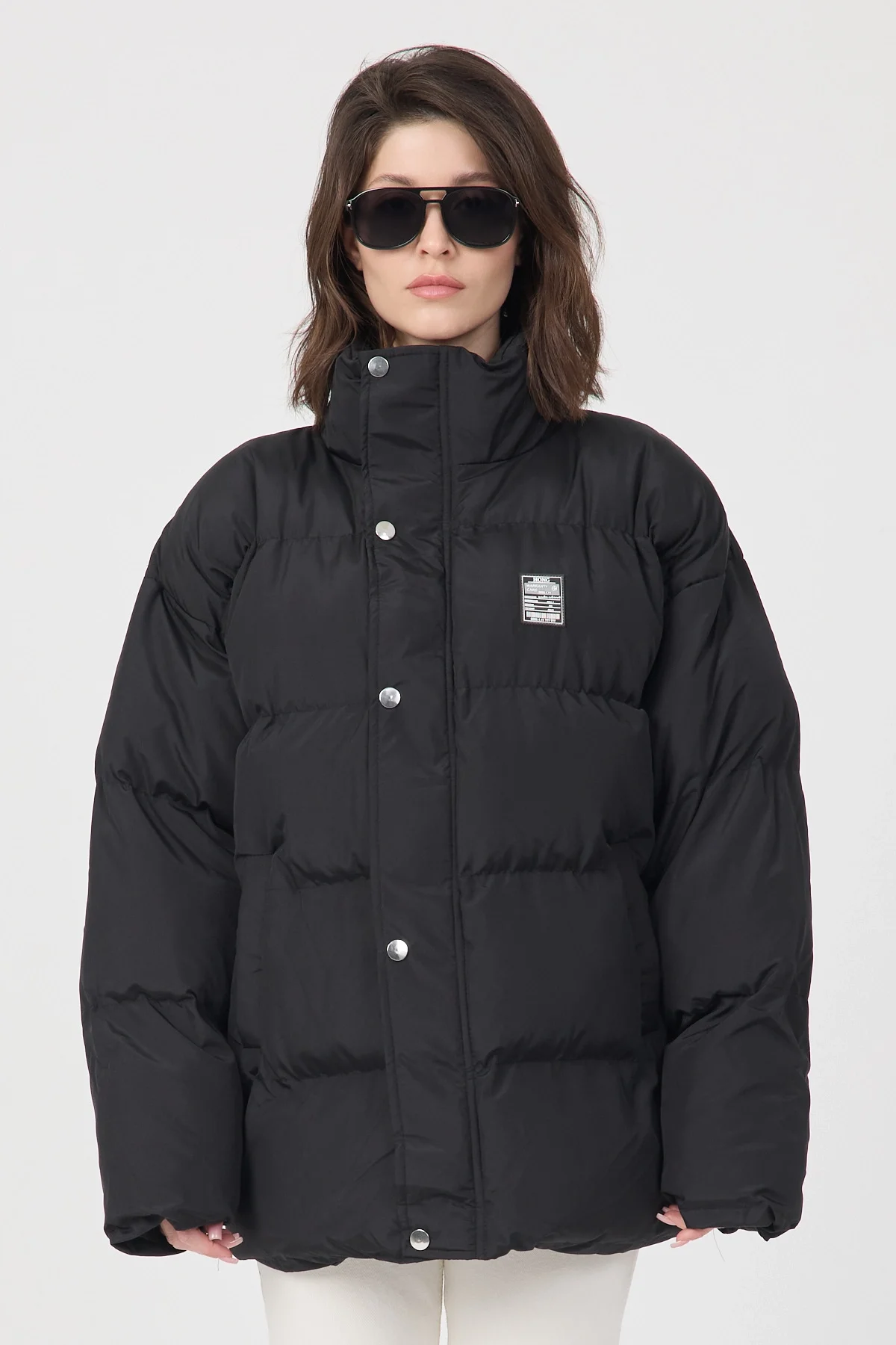 Kadın Siyah Oversize Puffer Şişme Dik Yaka Su İtici Kapitone Mont