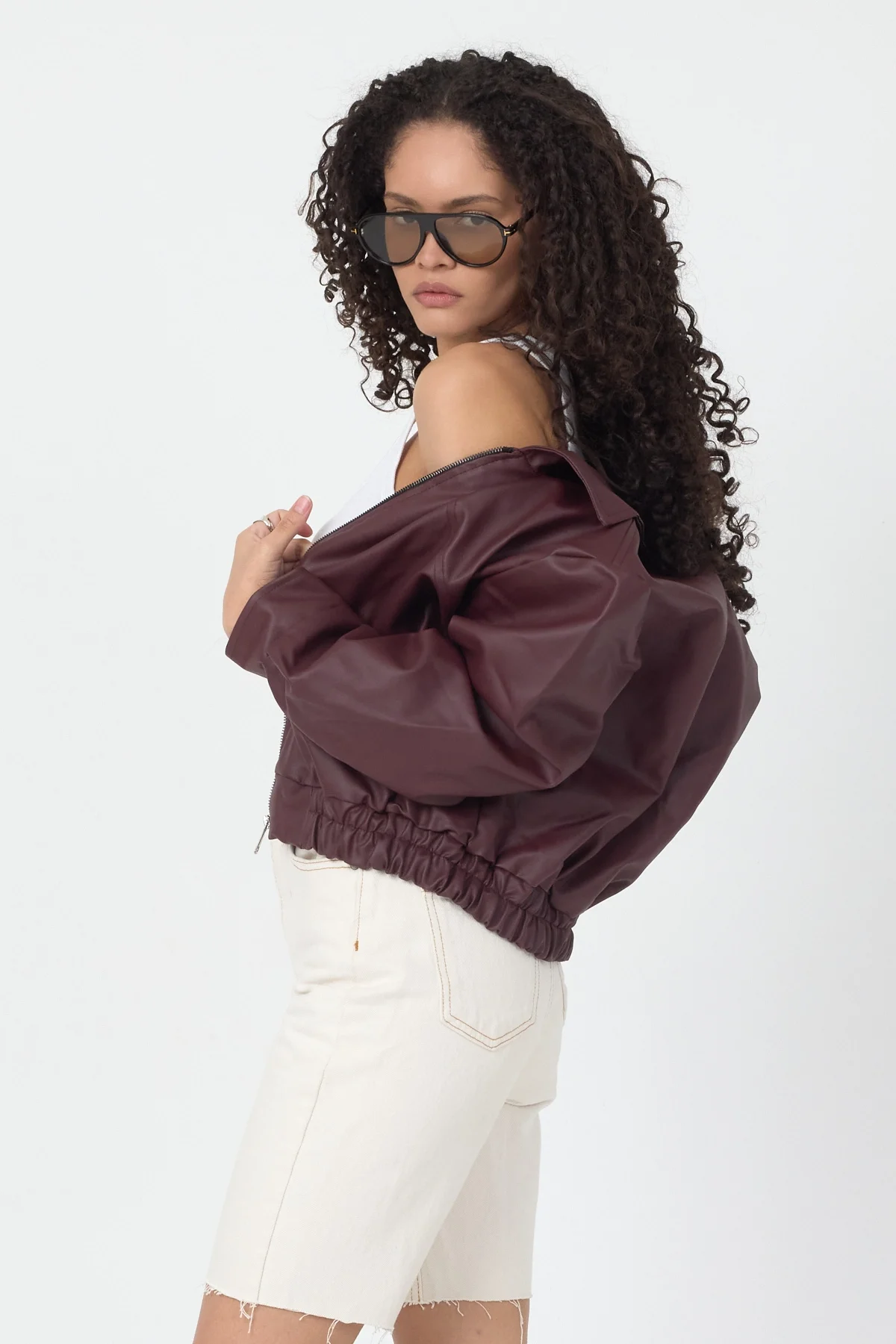 Kadın Bordo Oversize Fermuarlı Suni Deri Bomber Ceket