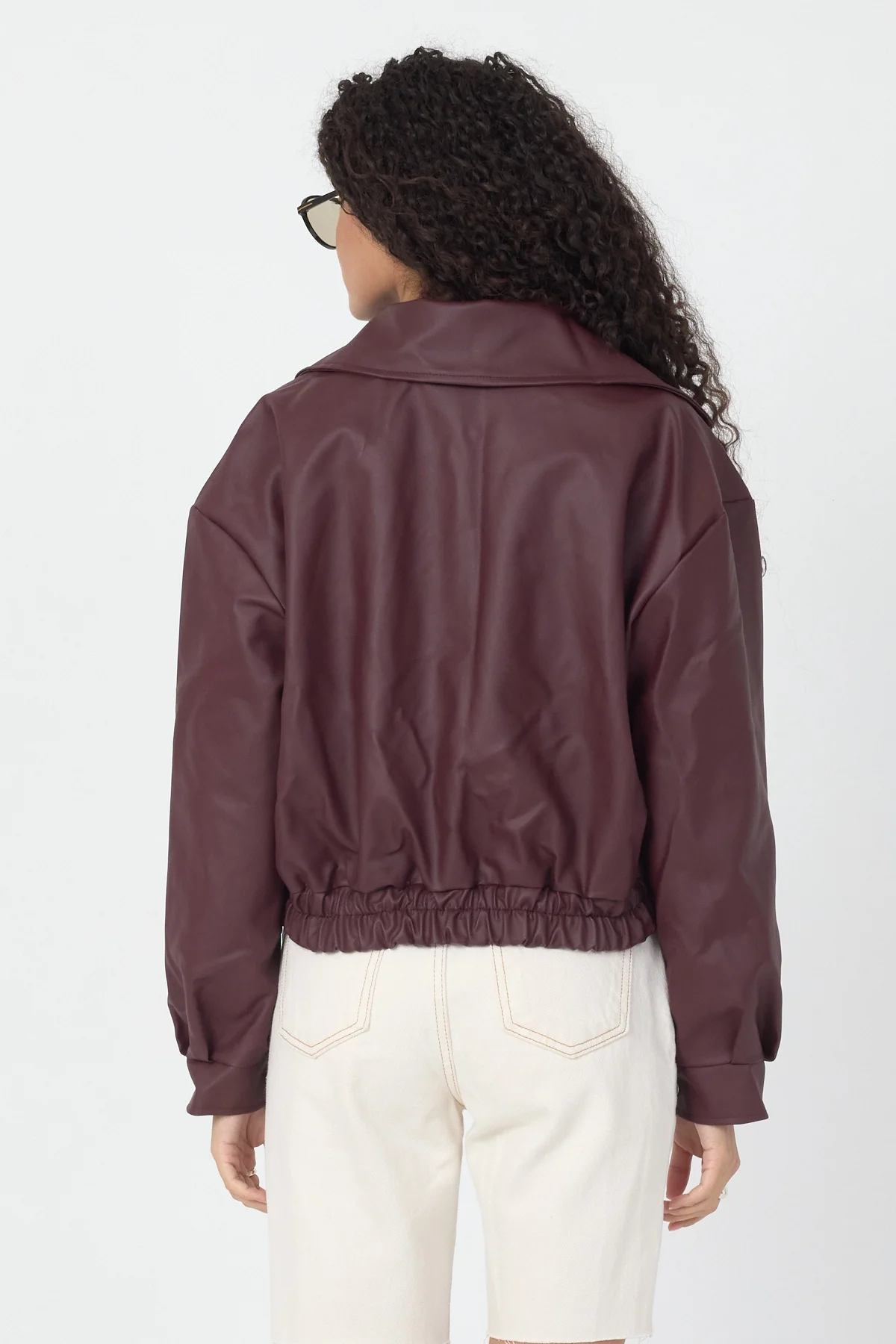 Kadın Bordo Oversize Fermuarlı Suni Deri Bomber Ceket